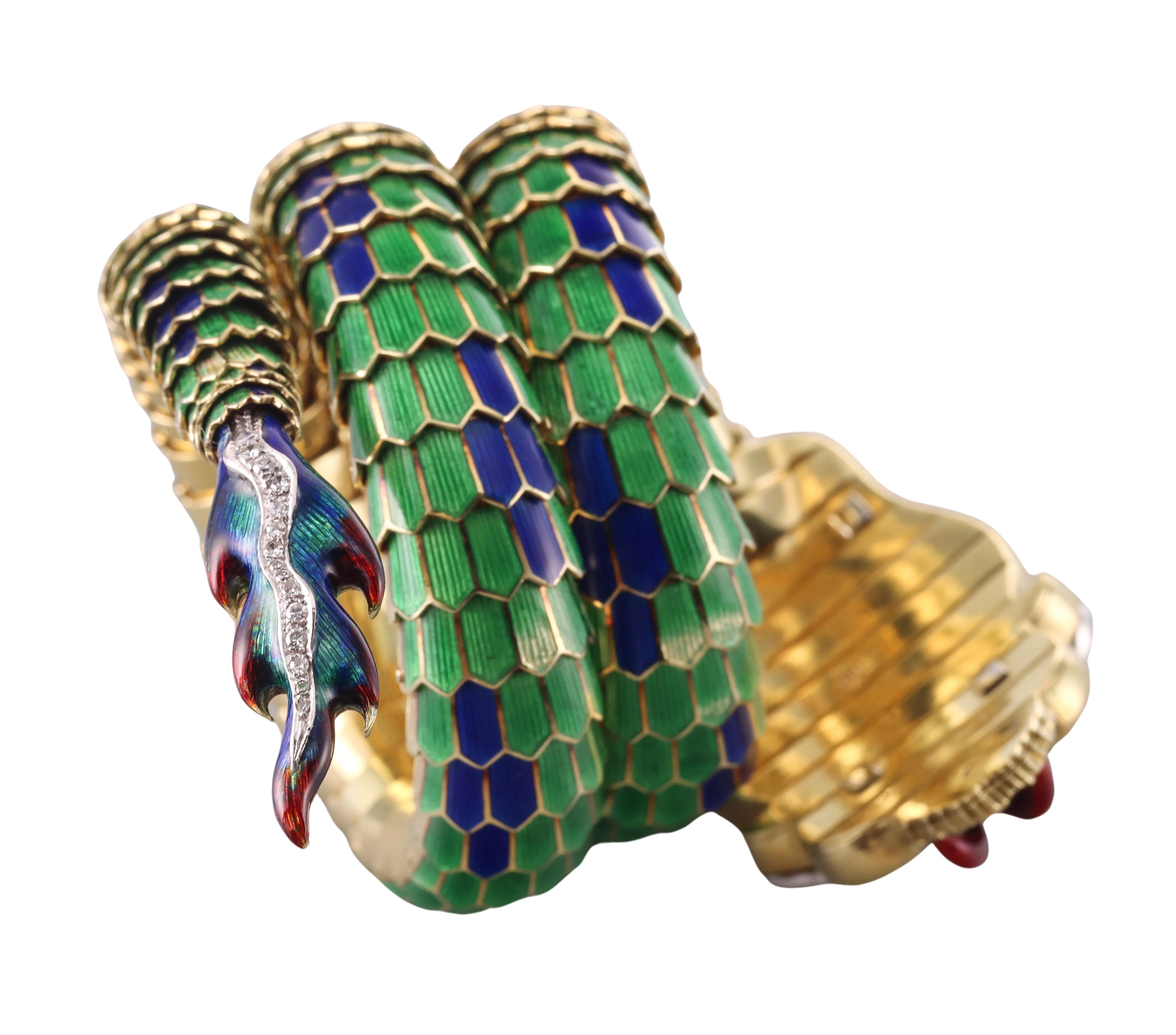 Round Cut Rare Paul Flato Enamel Diamond Gold Dragon Wrap Bracelet For Sale