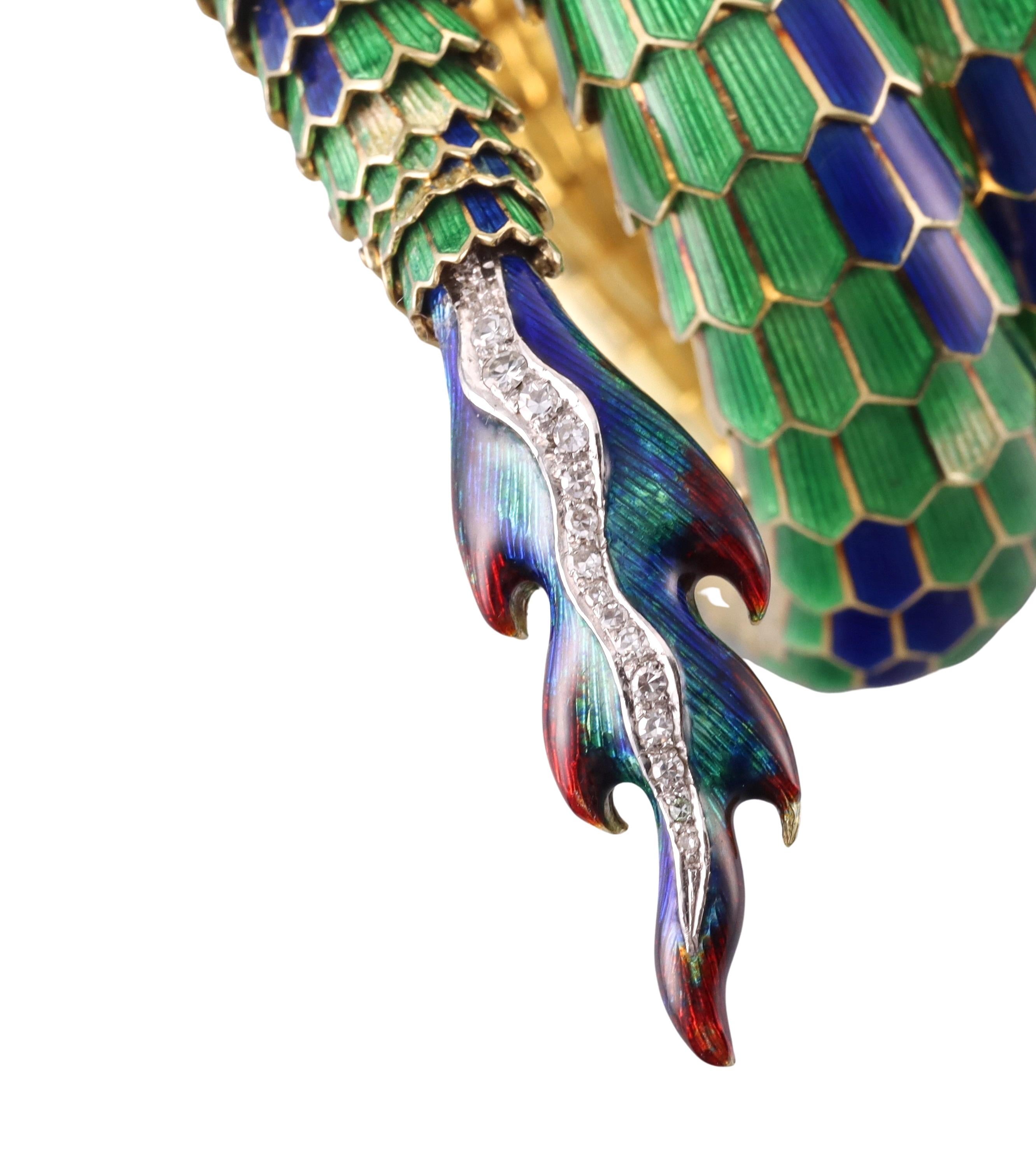 Rare Paul Flato Enamel Diamond Gold Dragon Wrap Bracelet In Excellent Condition For Sale In New York, NY