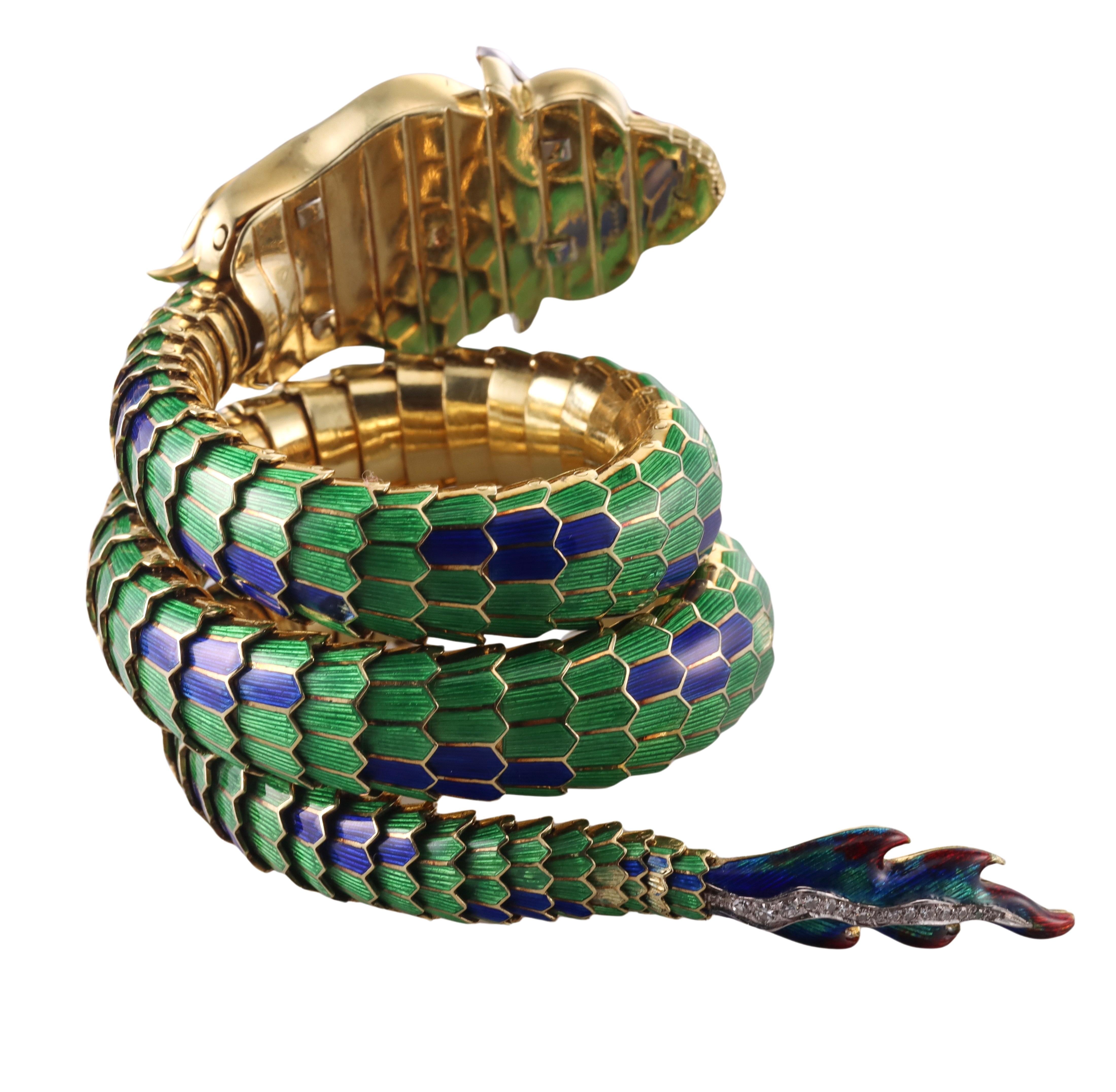 Women's Rare Paul Flato Enamel Diamond Gold Dragon Wrap Bracelet For Sale