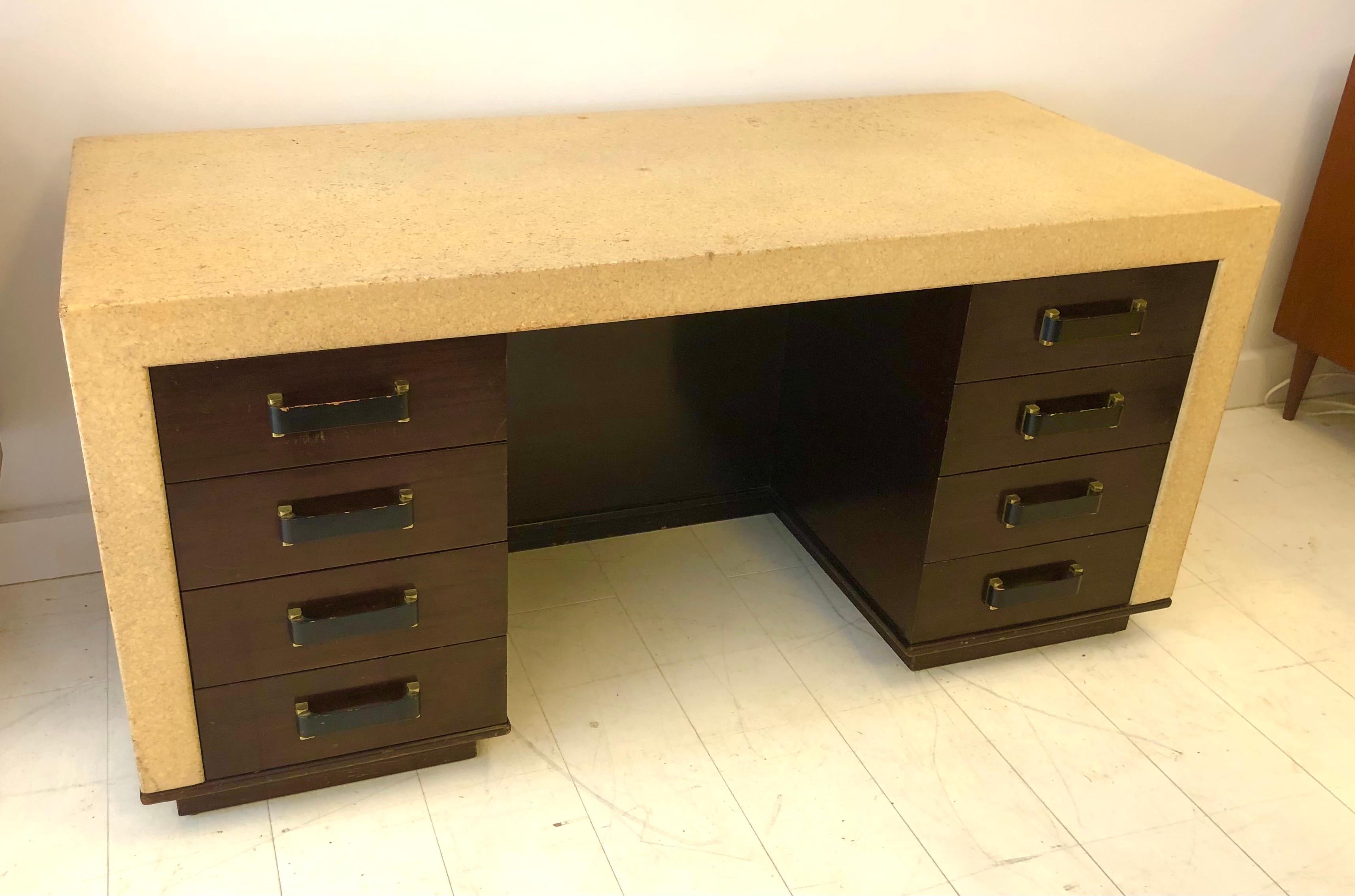 Mid-Century Modern Rare Paul Frankl Cork and Mahogany Kneehole Desk For Sale