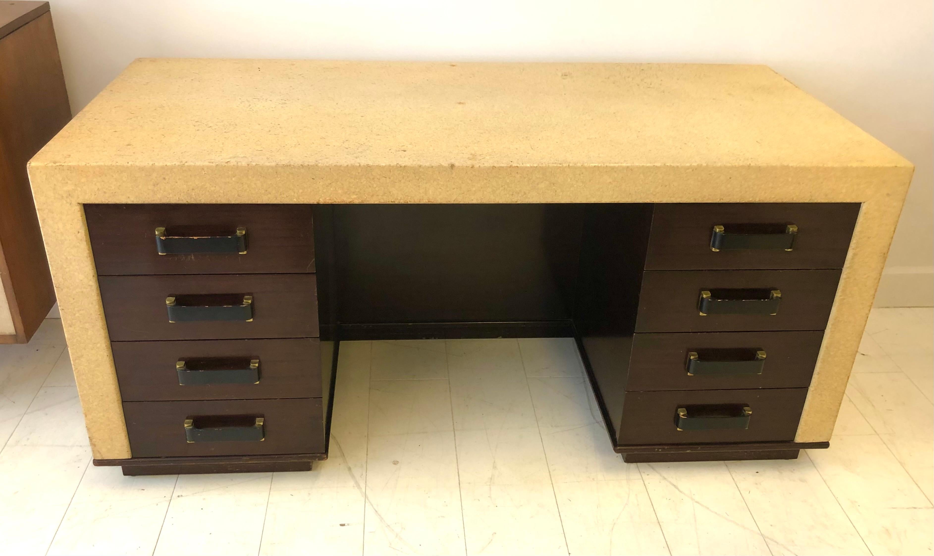 American Rare Paul Frankl Cork and Mahogany Kneehole Desk For Sale