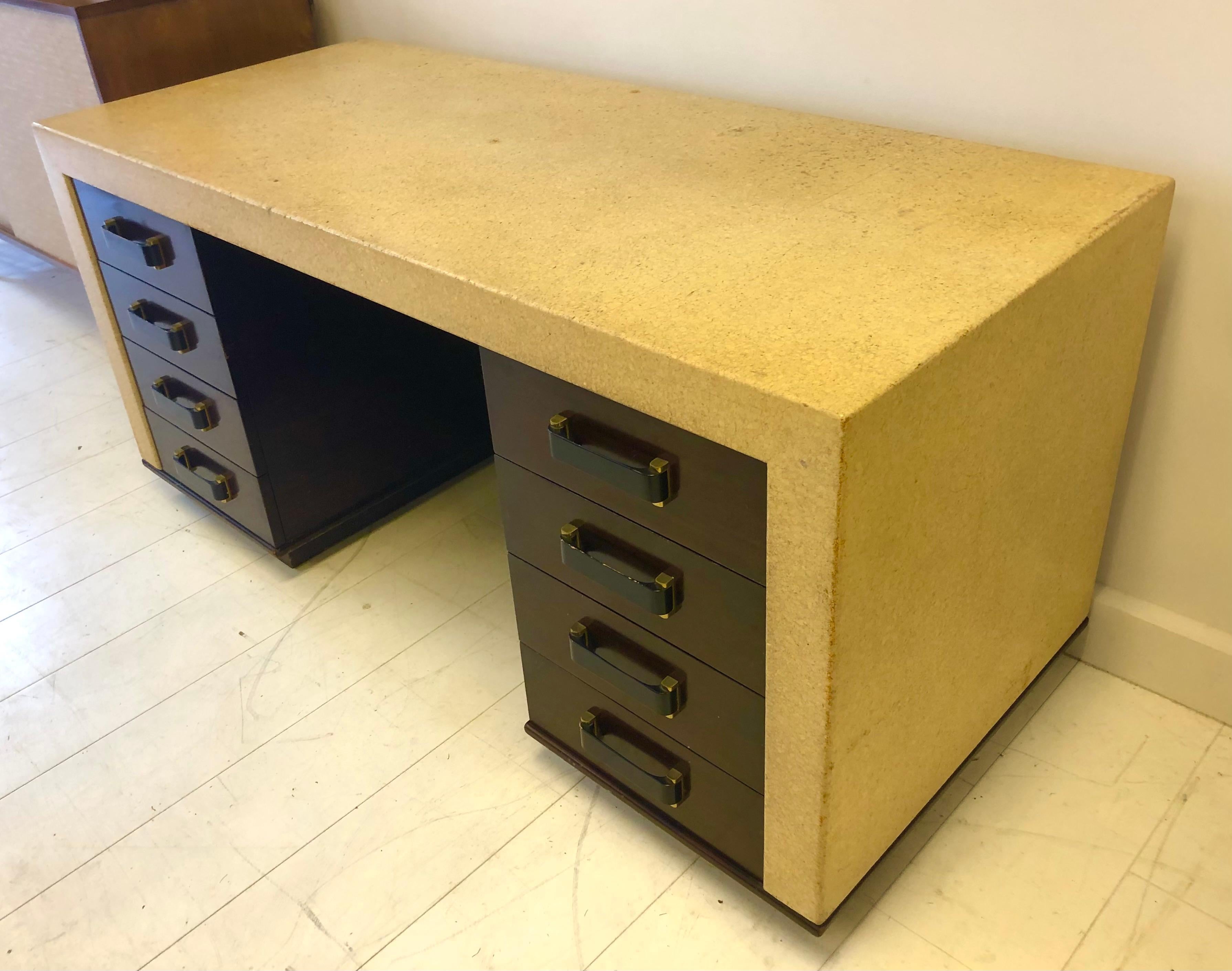 Stained Rare Paul Frankl Cork and Mahogany Kneehole Desk For Sale