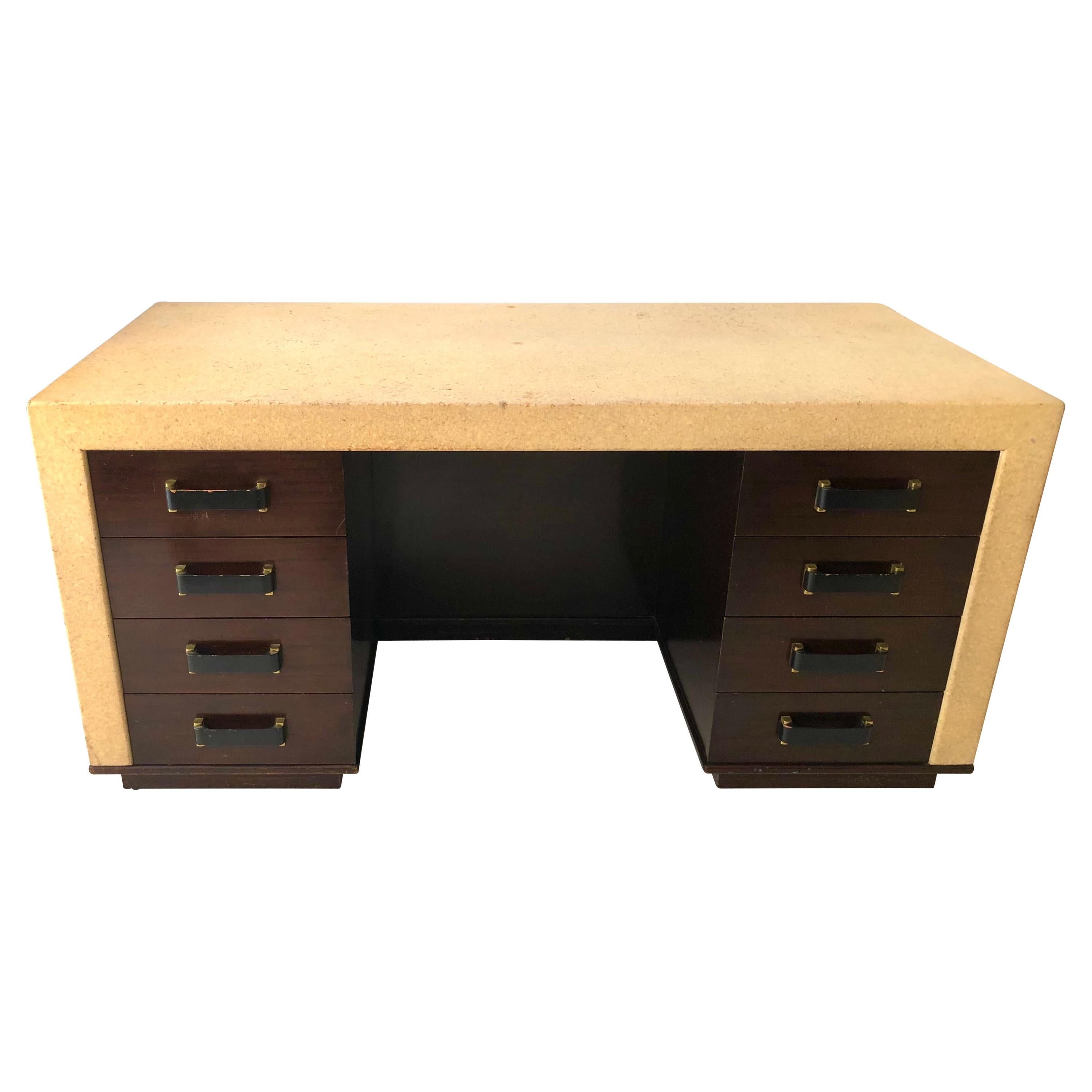 Rare Paul Frankl Cork and Mahogany Kneehole Desk For Sale