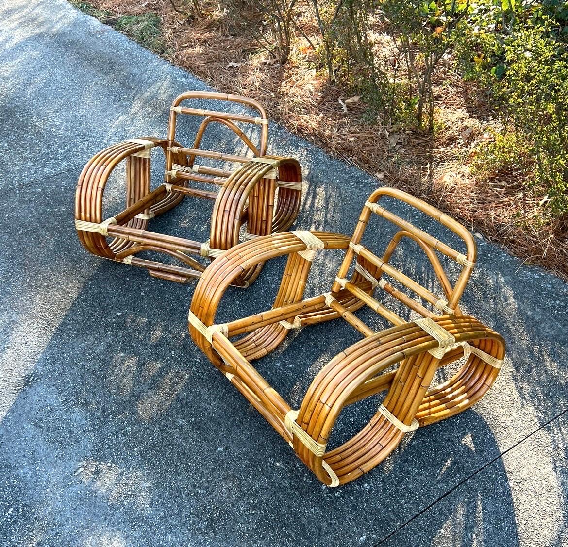 Philippine Exquisite Vintage Paul Frankl Style 5-Strand Rattan Cane Art Deco Club Chairs