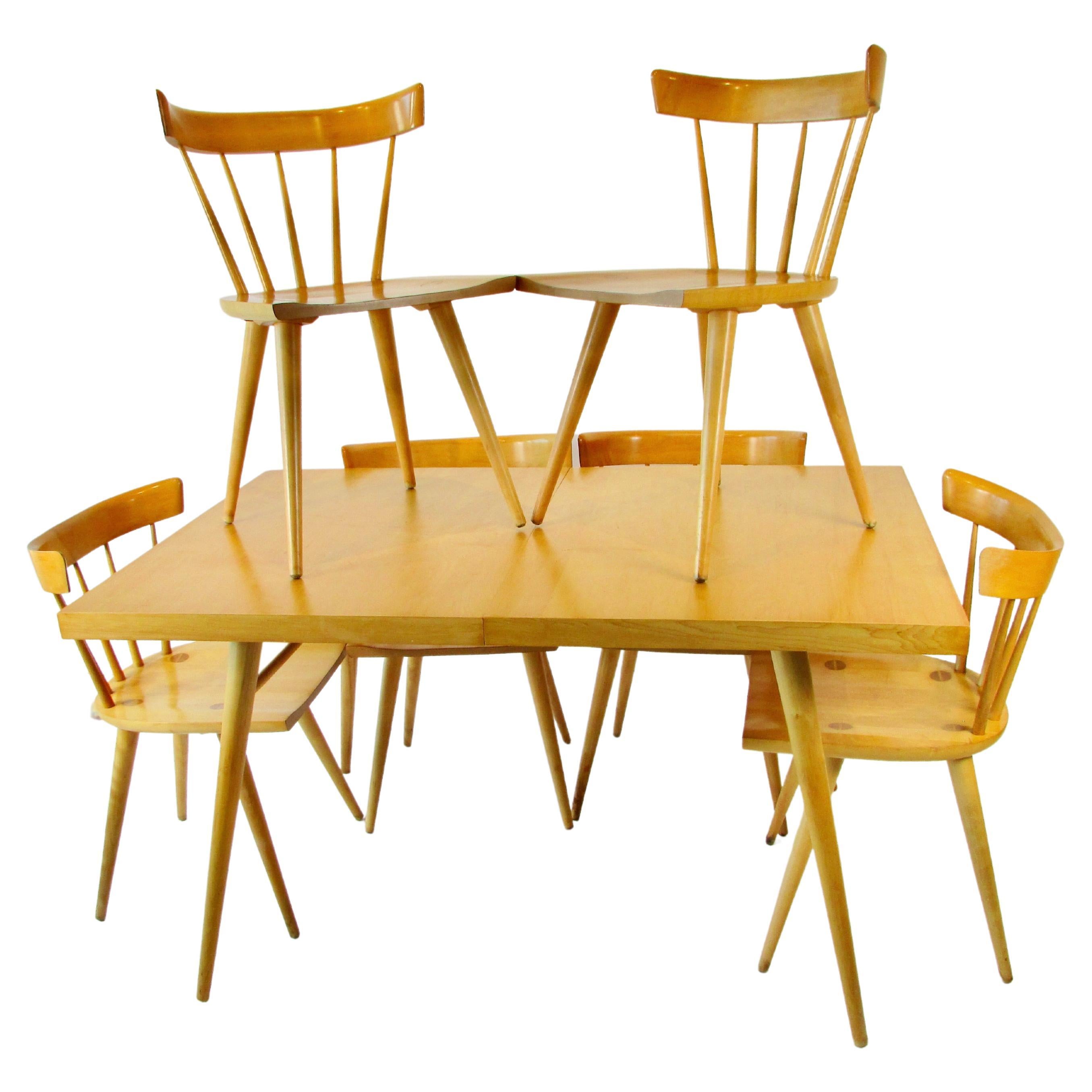 Rare table d'extension Paul McCobb Blonde Planner Group avec six chaises