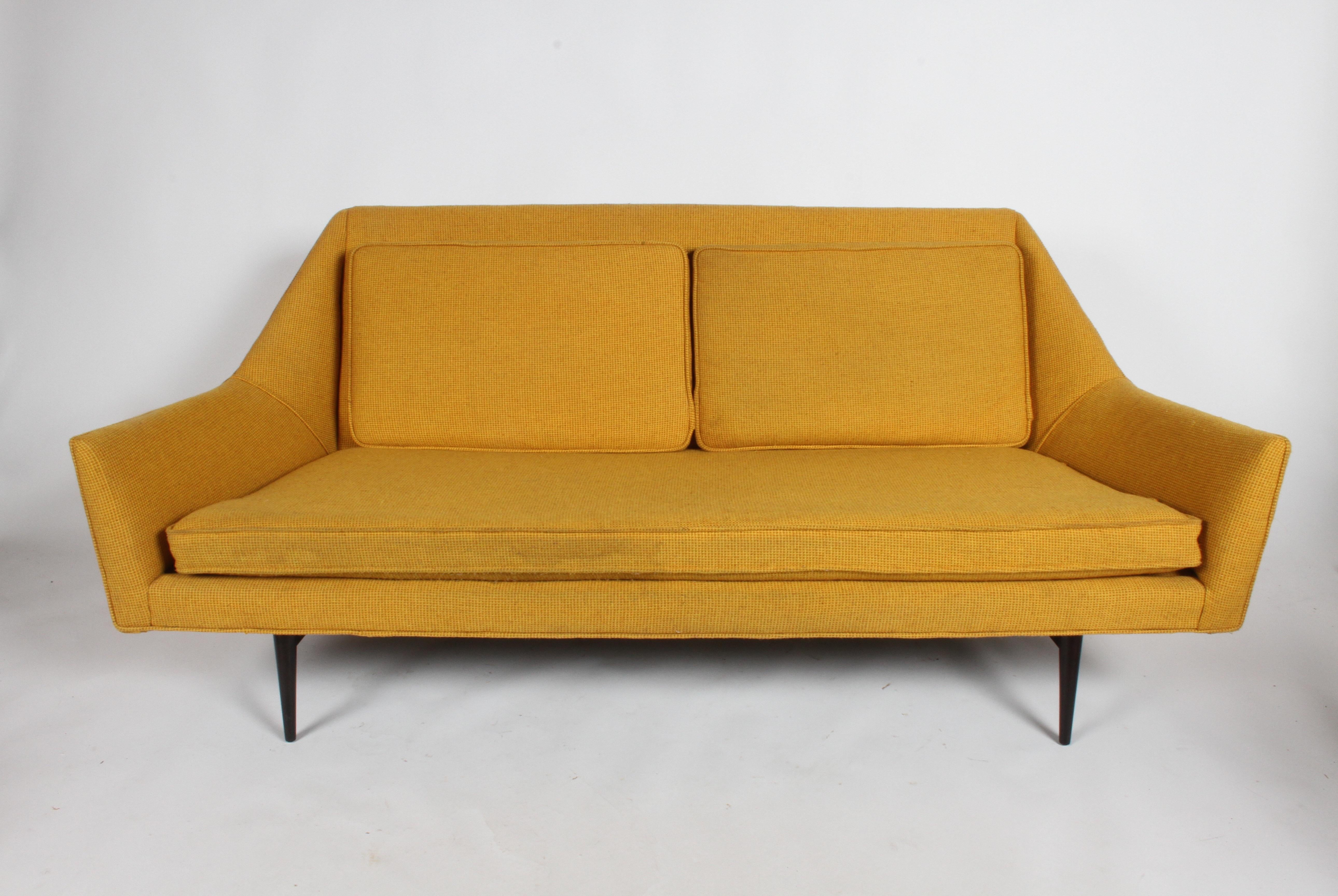 Rare Paul McCobb for Directional sculptural cubist sofa or settee. Legs have been refinished, older reupholstery and foam must be updated. Great sleek geometric lines on this sofa, a rarely seen form. Email for a quote on reupholstery. 

Measures: