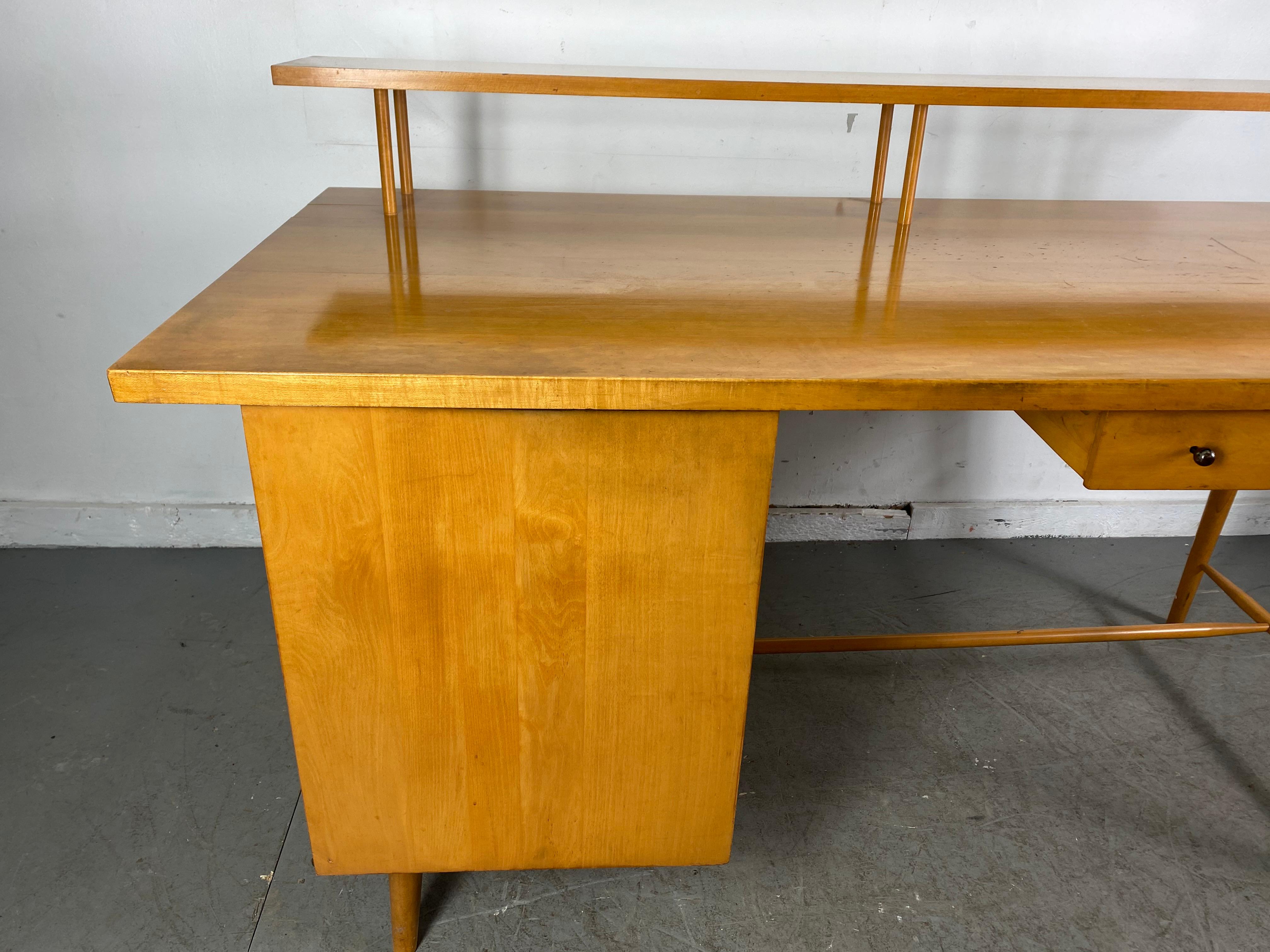 Brass Rare Paul McCobb Desk in Maple, 1950s, Multi-Level, Classic Modernist Design