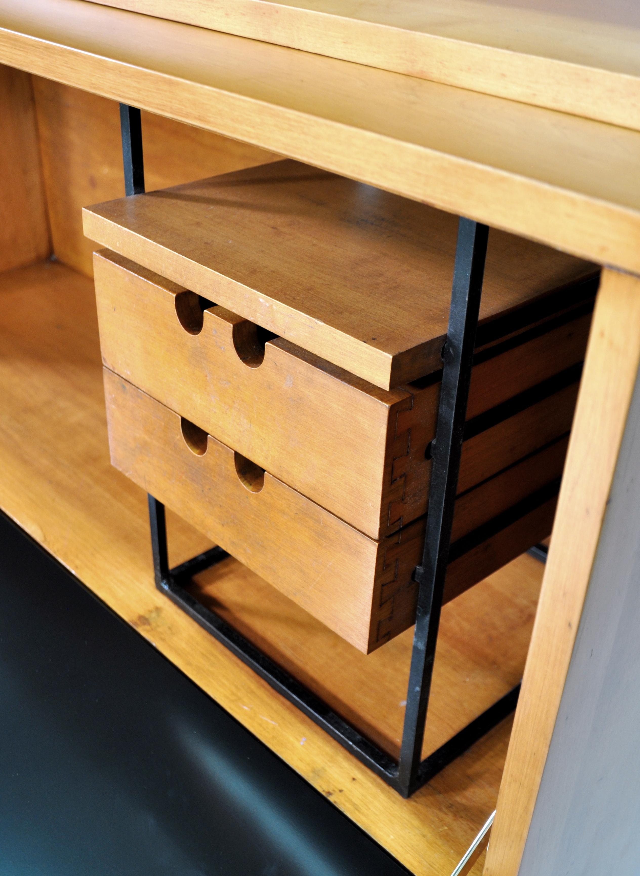 Rare Mid-Century Modern maple, brass and iron drop lid desk / secretary or bar cabinet, designed by Paul McCobb for Planner Group and manufactured by Winchendon Furniture in the early 1950s. The set includes a #1504 double chest that can work as a