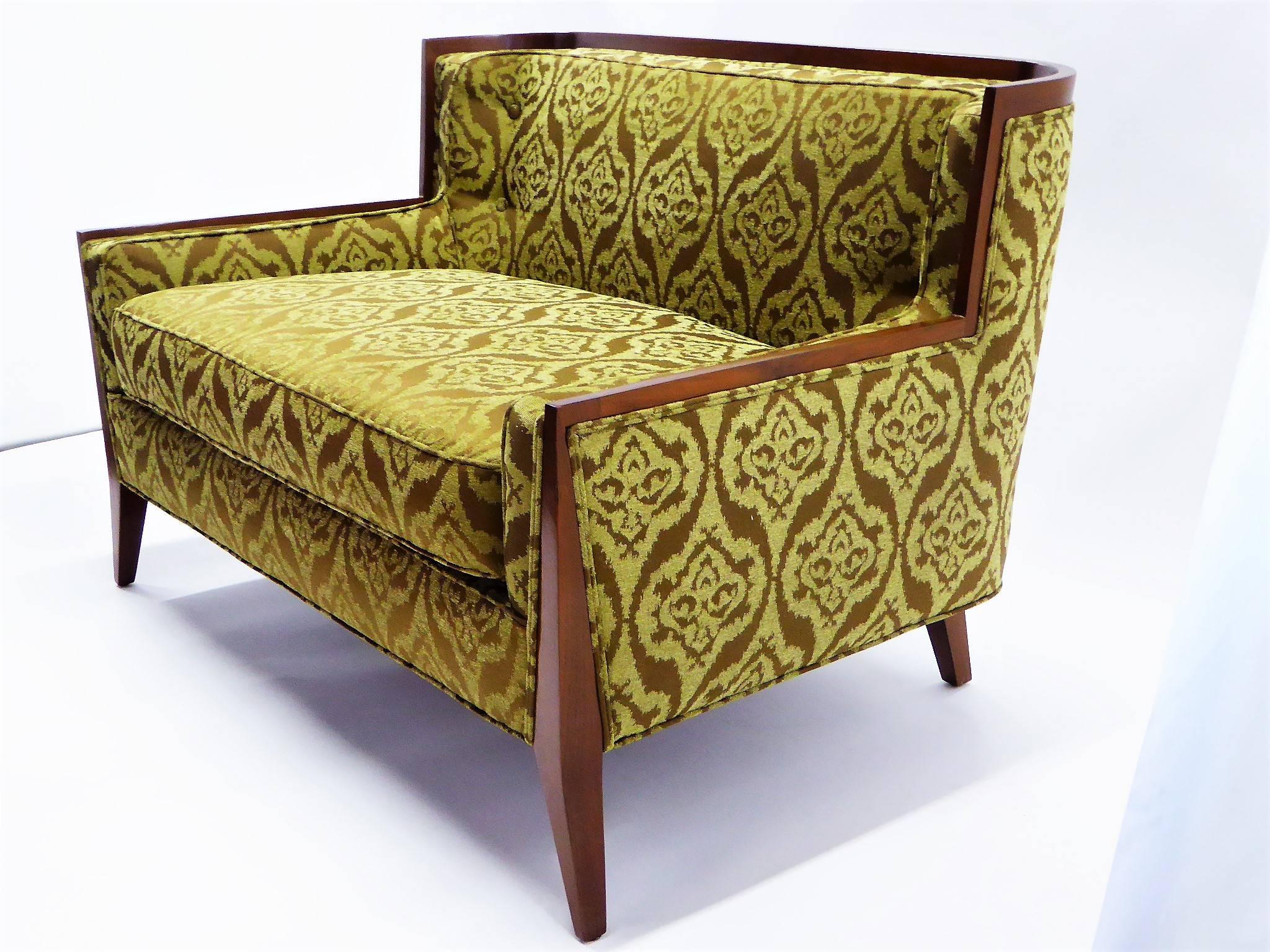 REDUCED FROM $6,500....Rare to market Paul McCobb for Directional loveseat sofa restored and newly upholstered in a jacquard damask in green & brown. A smaller version of sofa model 407. Model 407 was manufactured in small numbers due to the