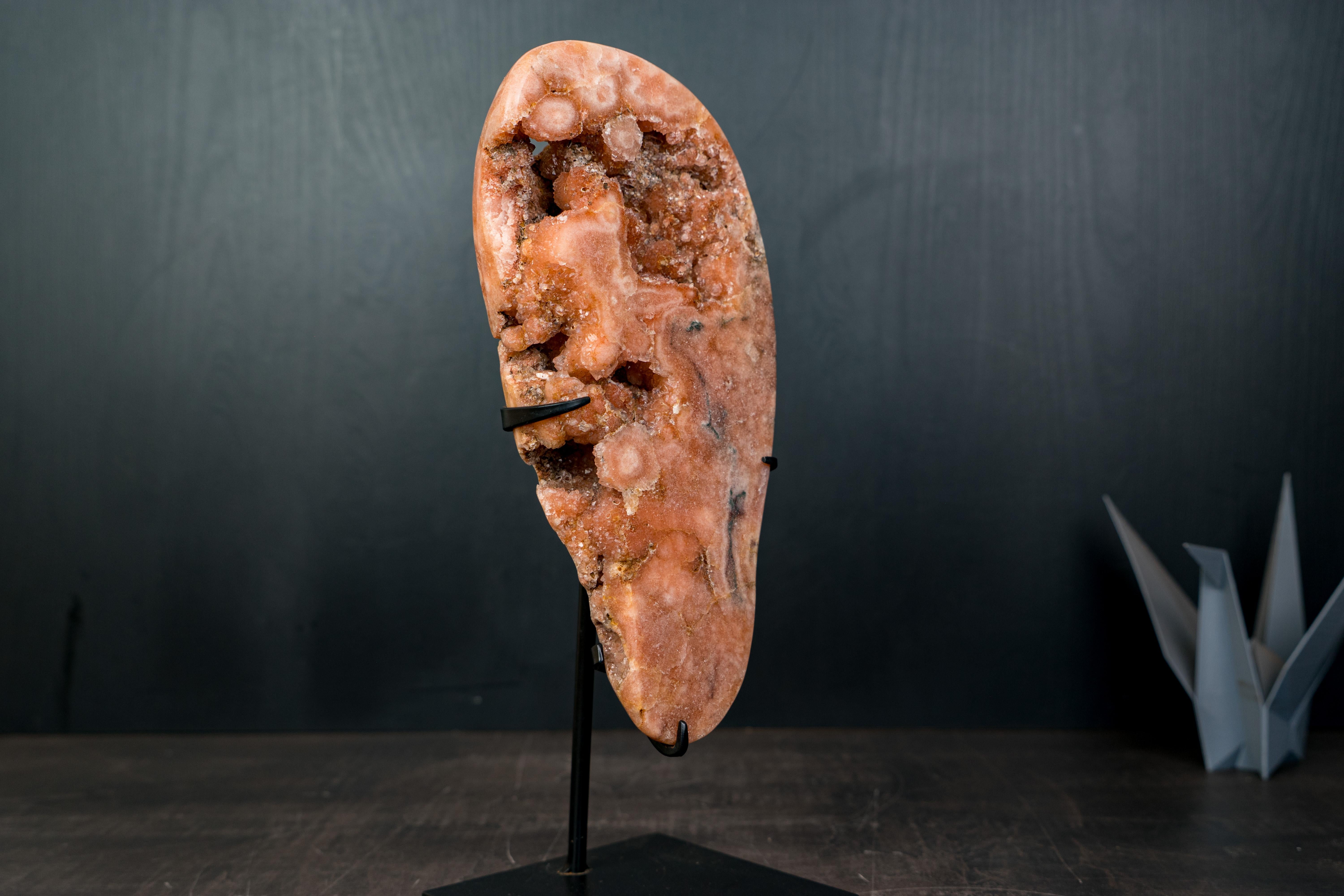 Brazilian Rare Peach Pink Amethyst Geode with Sparkly Druzy and Unknown Inclusions For Sale