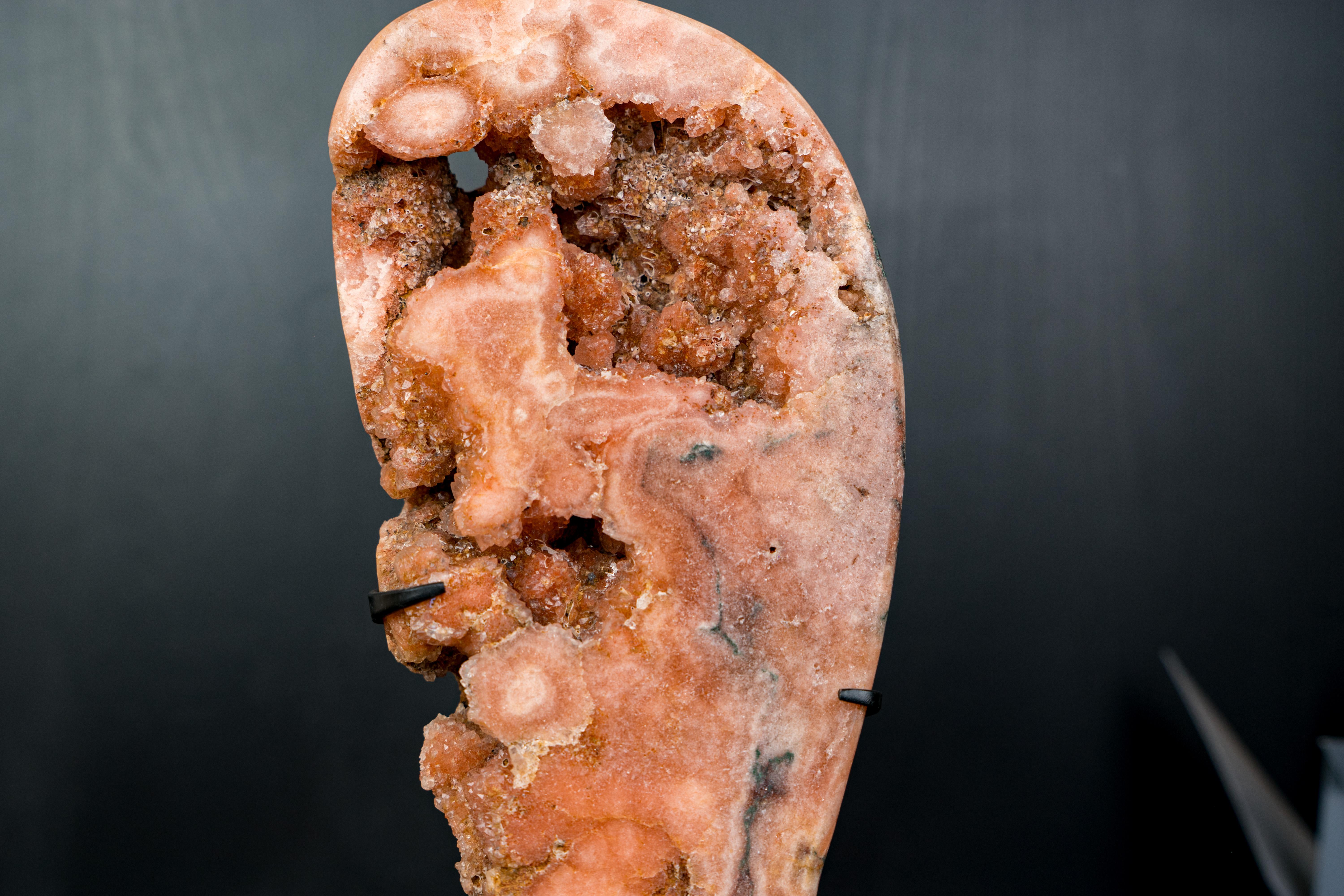 Contemporary Rare Peach Pink Amethyst Geode with Sparkly Druzy and Unknown Inclusions For Sale