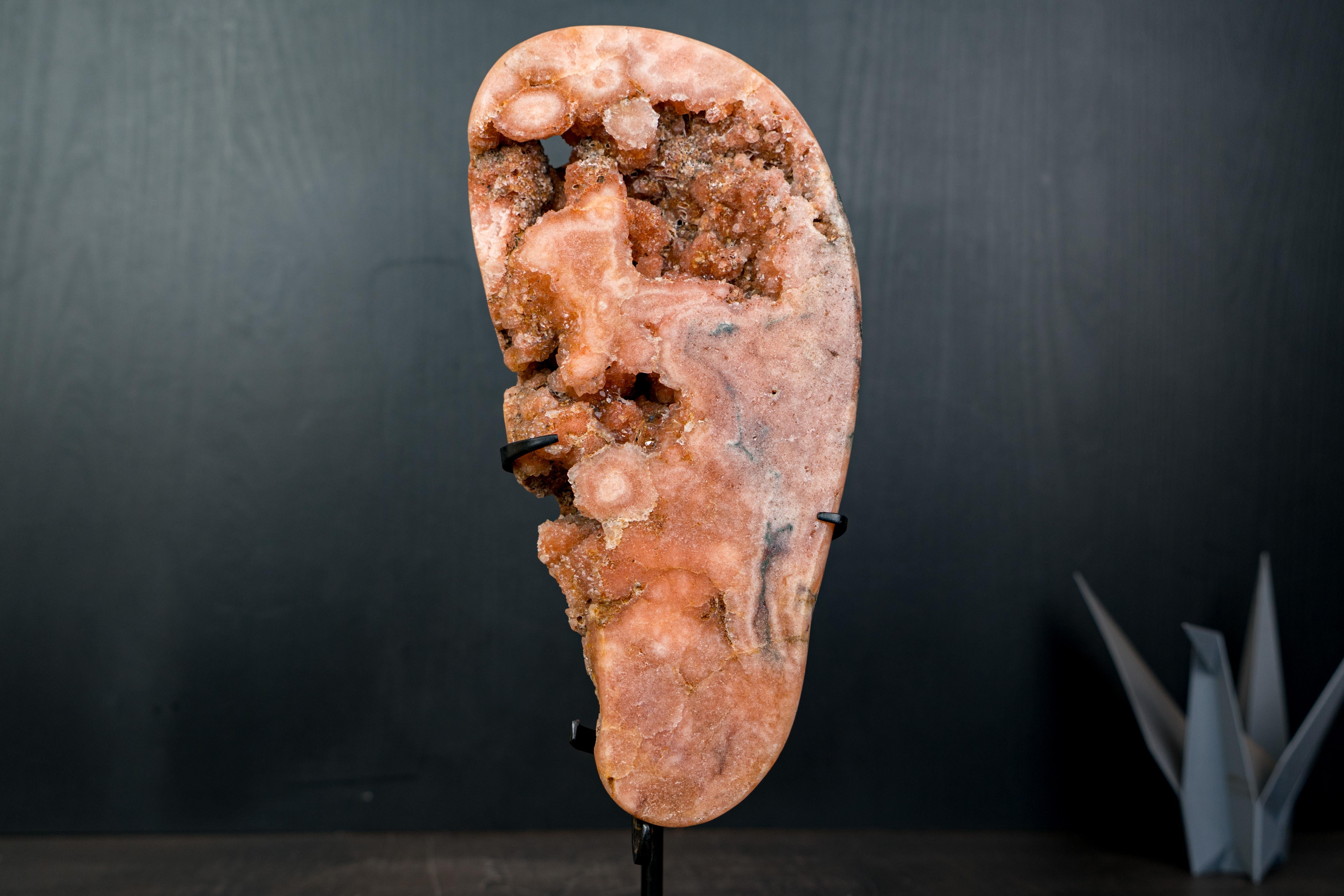 Rare Peach Pink Amethyst Geode with Sparkly Druzy and Unknown Inclusions For Sale 1