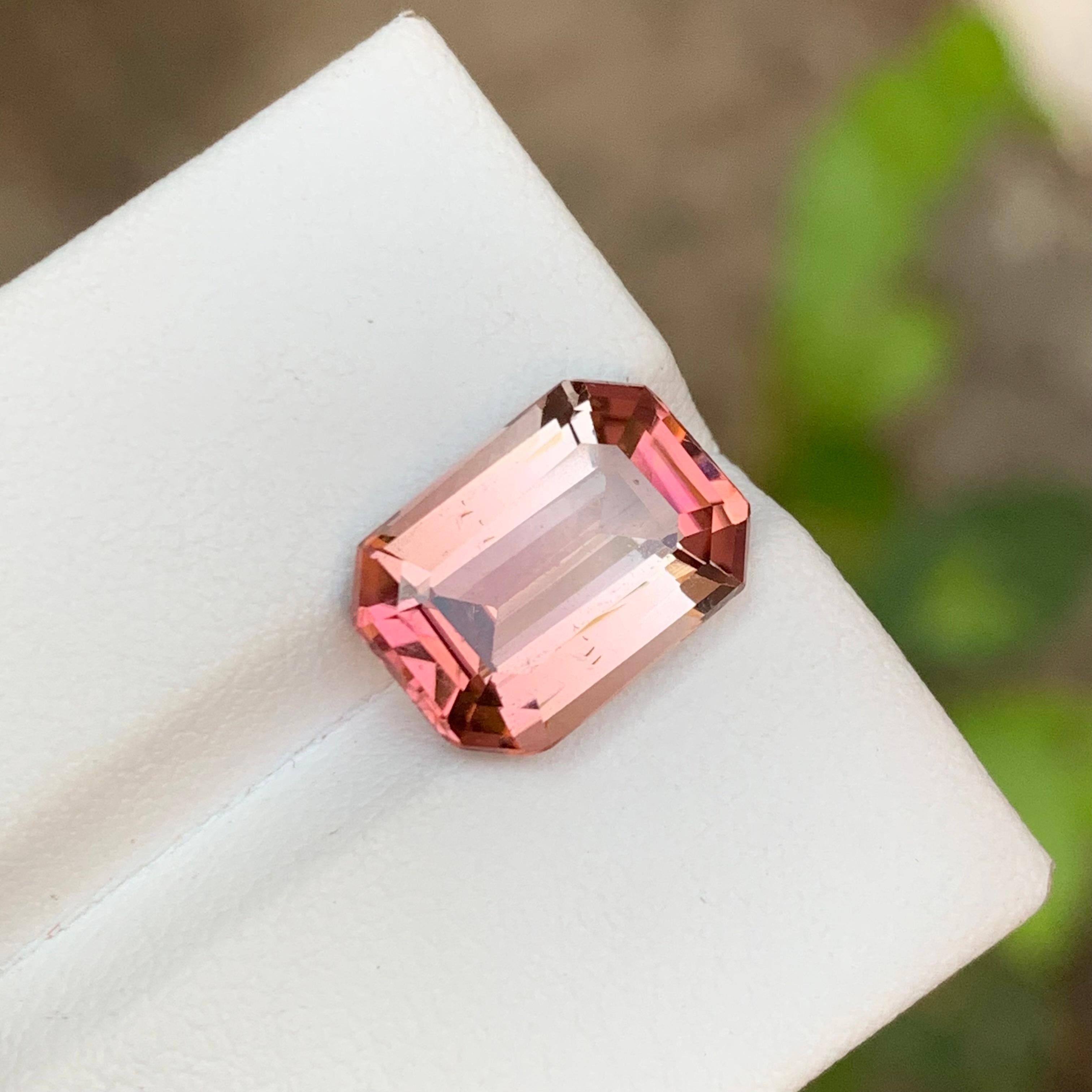 Contemporary Rare Peachy Pink Bicolor Natural Tourmaline Gemstone, 4.80 Ct Emerald Cut-Ring  For Sale
