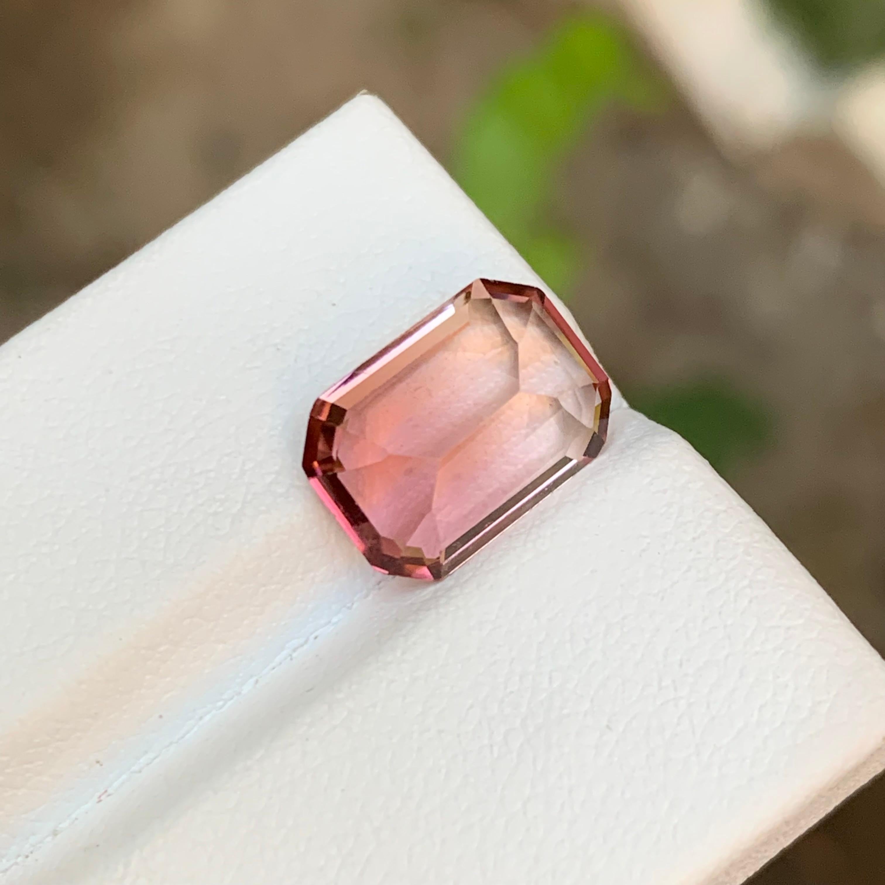 Women's or Men's Rare Peachy Pink Bicolor Natural Tourmaline Gemstone, 4.80 Ct Emerald Cut-Ring  For Sale
