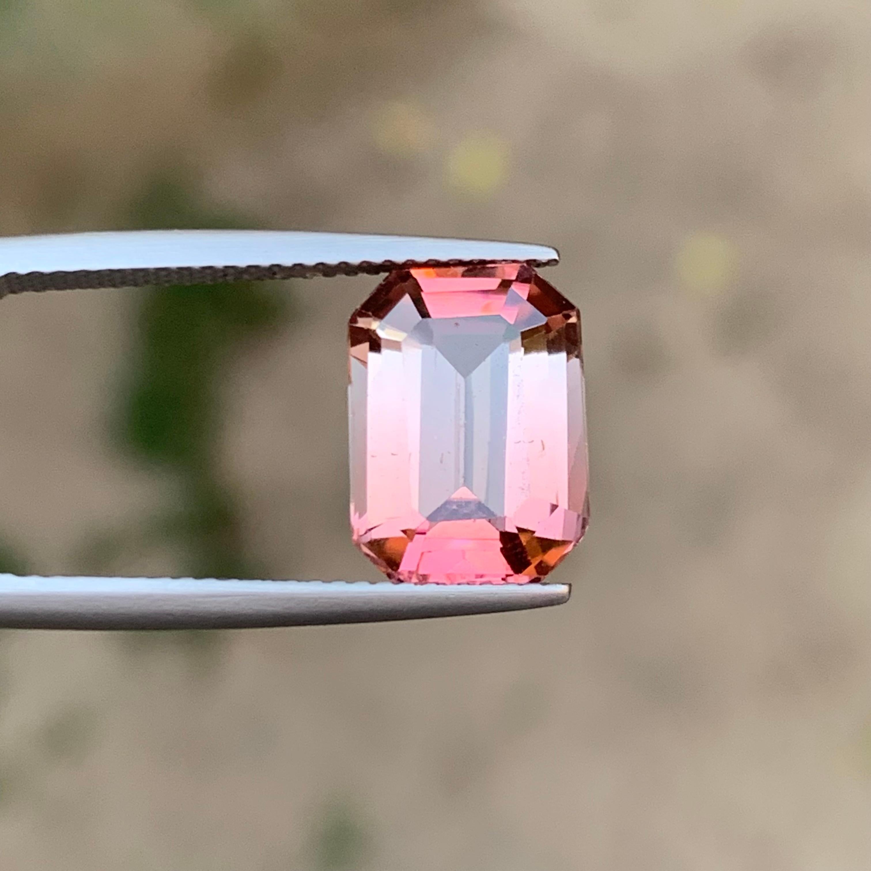 Rare Peachy Pink Bicolor Natural Tourmaline Gemstone, 4.80 Ct Emerald Cut-Ring  For Sale 1