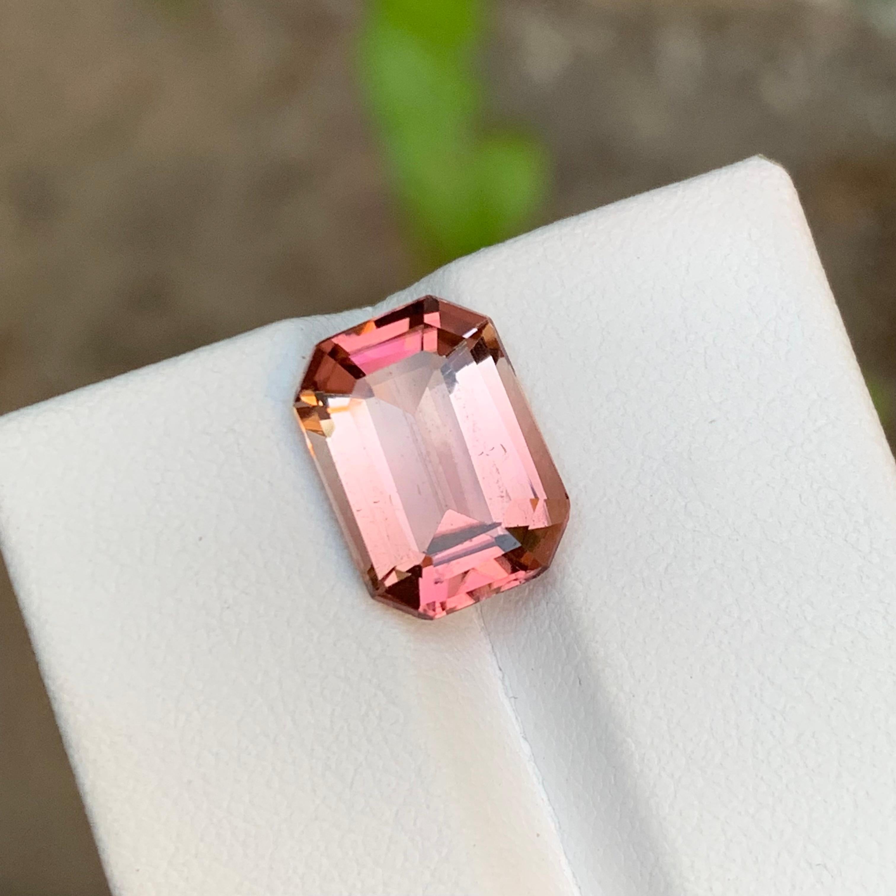 Rare Peachy Pink Bicolor Natural Tourmaline Gemstone, 4.80 Ct Emerald Cut-Ring  For Sale 2