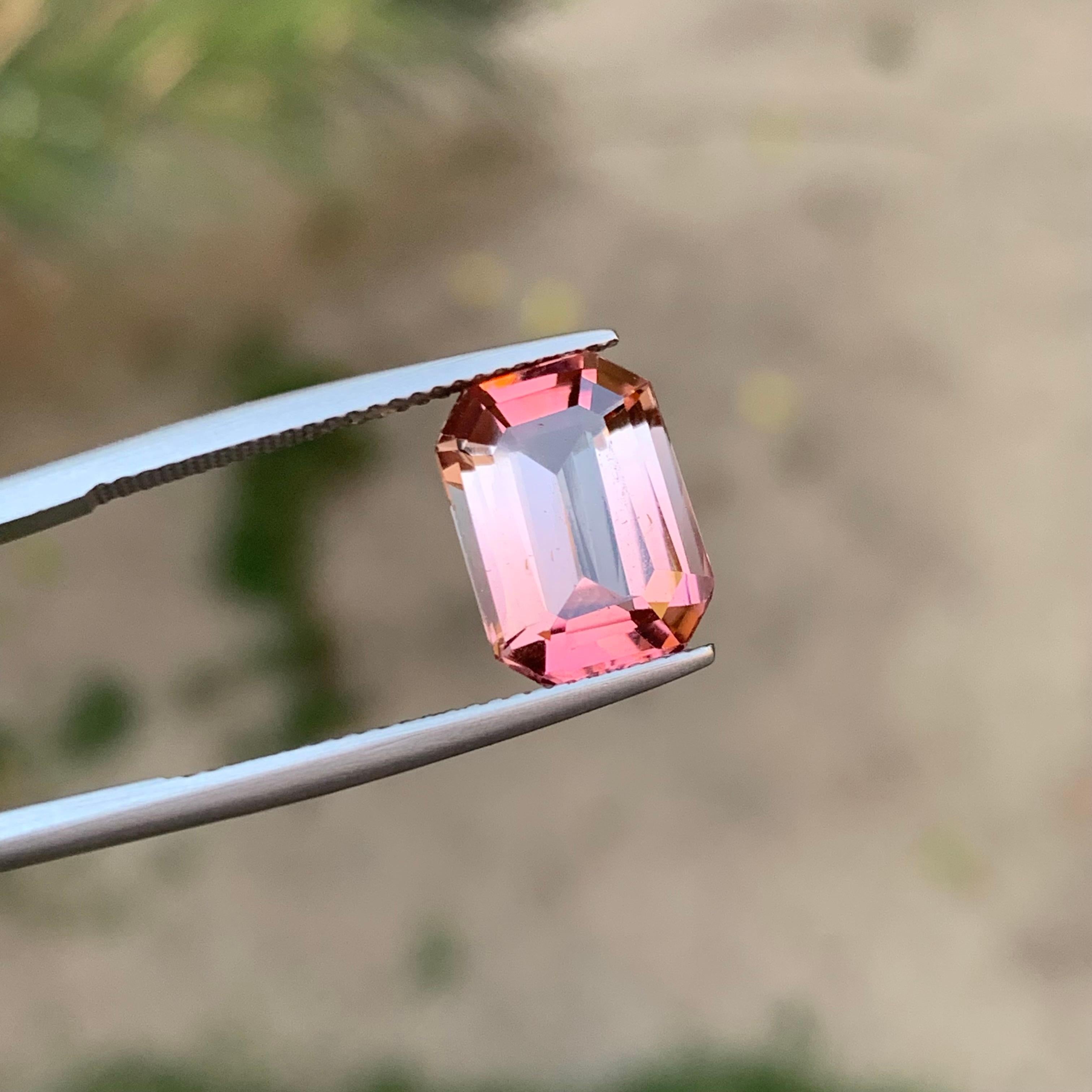 Rare Peachy Pink Bicolor Natural Tourmaline Gemstone, 4.80 Ct Emerald Cut-Ring  For Sale 3