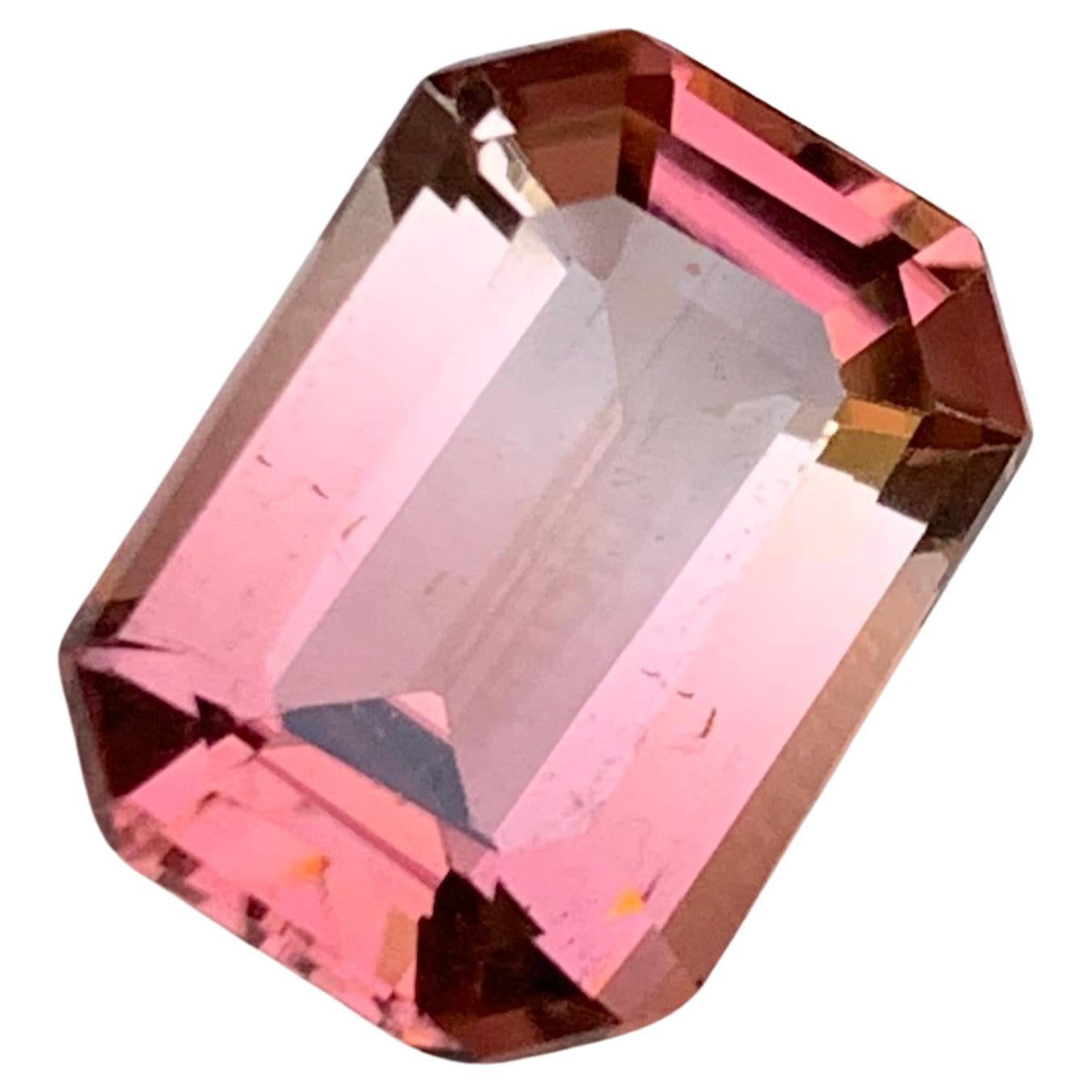 Rare Peachy Pink Bicolor Natural Tourmaline Gemstone, 4.80 Ct Emerald Cut-Ring  For Sale