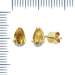 Rare Pear Cut Yellow Citrine White Diamond Yellow Gold Stud Earrings
