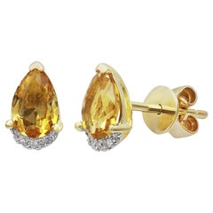 Clous d'oreilles rares en or jaune avec citrine jaune taille poire et diamants blancs