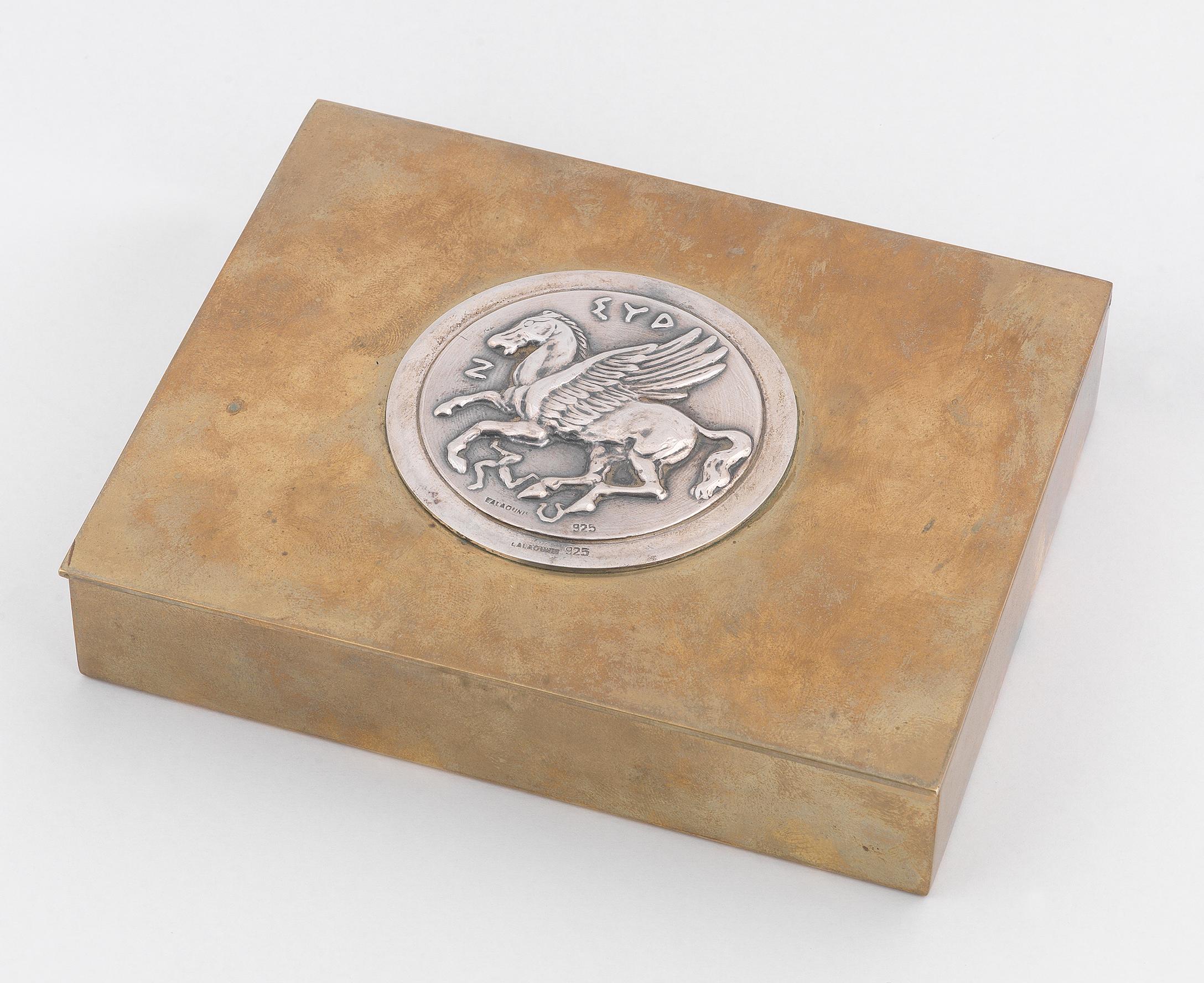 Post-Modern Rare Pegasus Cigarette Box by Lalaounis, Brass and Silver, 1970s