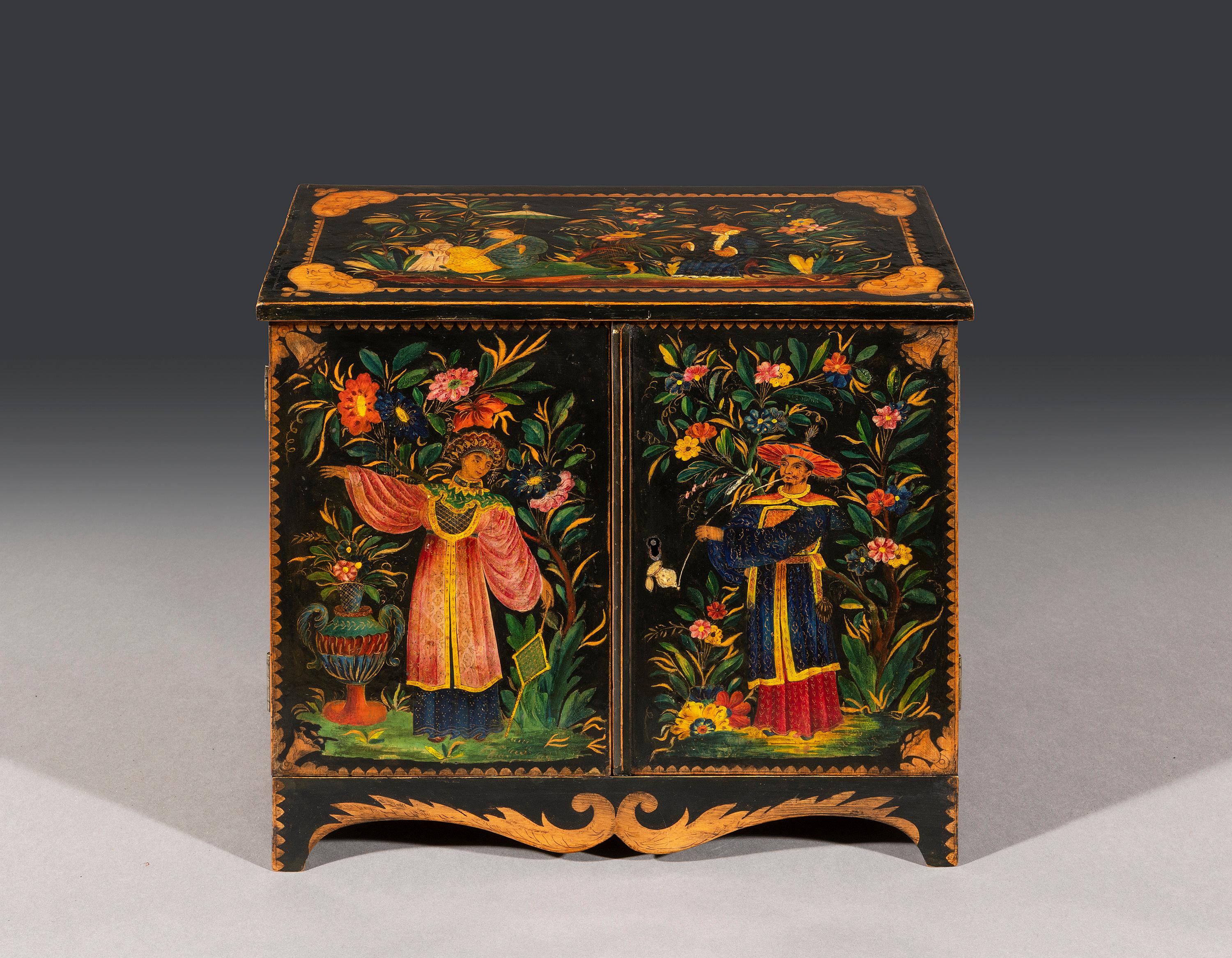 British Regency Period Polychrome Penwork Chinoiserie Table Cabinet  For Sale