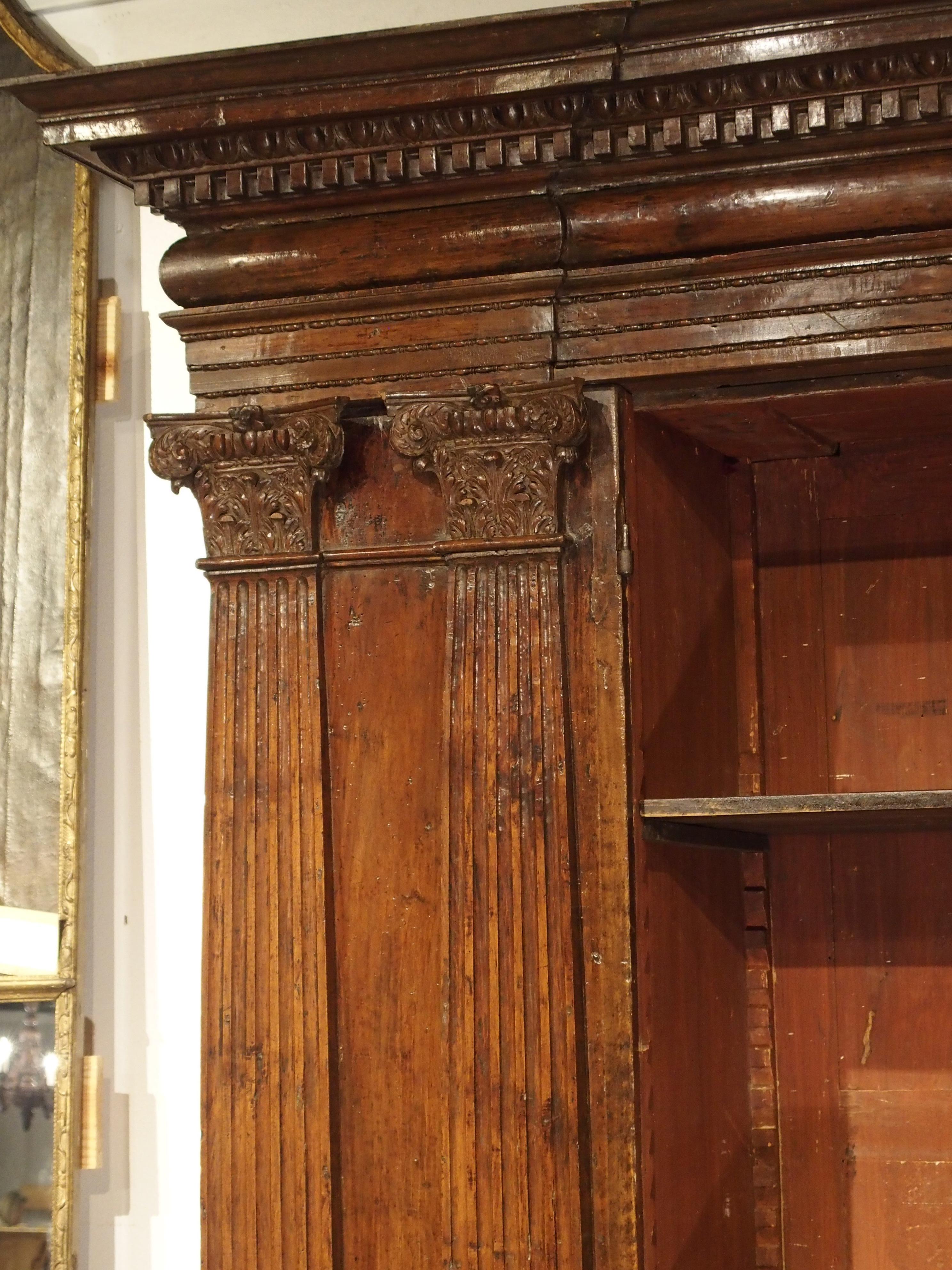 Hand-Carved Rare Period Italian Renaissance Walnut Wood Armadio Bookcase