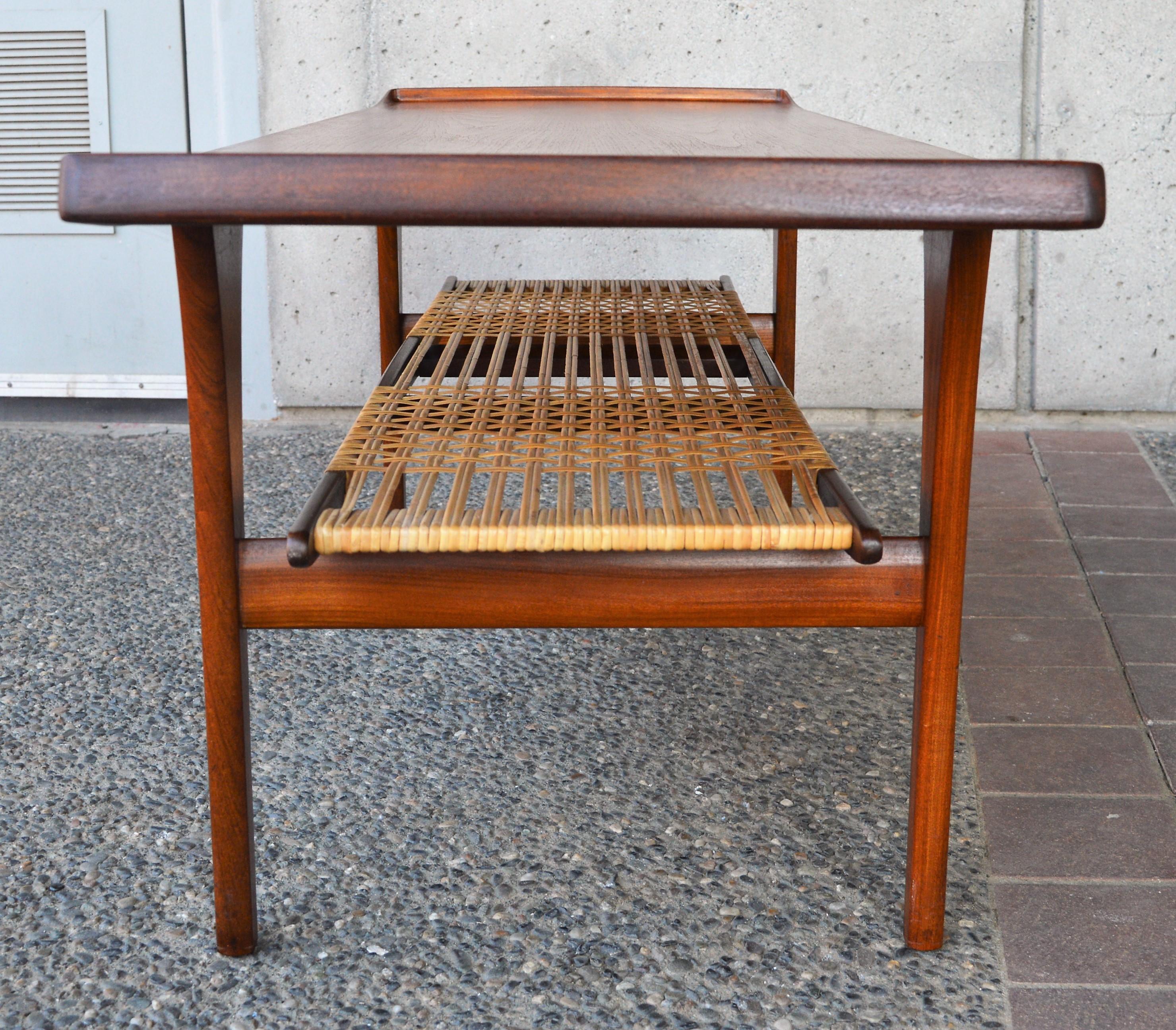 Rare Peter Lovig Nielsen Teak Coffee Table, Flared Ends and Cane Wrapped Shelf For Sale 4