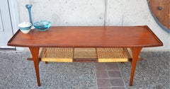 Rare Peter Lovig Nielsen Teak Coffee Table, Flared Ends and Cane Wrapped Shelf