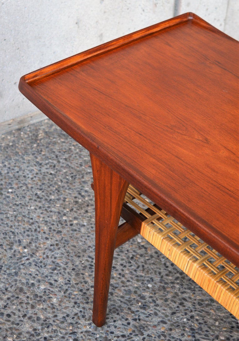 Rare Peter Lovig Nielsen Teak Coffee Table, Flared Ends and Cane Wrapped Shelf For Sale 1