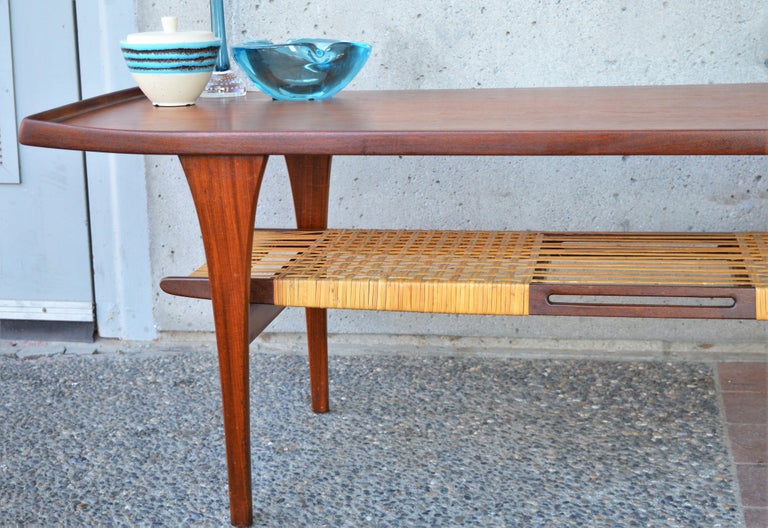 Rare Peter Lovig Nielsen Teak Coffee Table, Flared Ends and Cane Wrapped Shelf For Sale 2