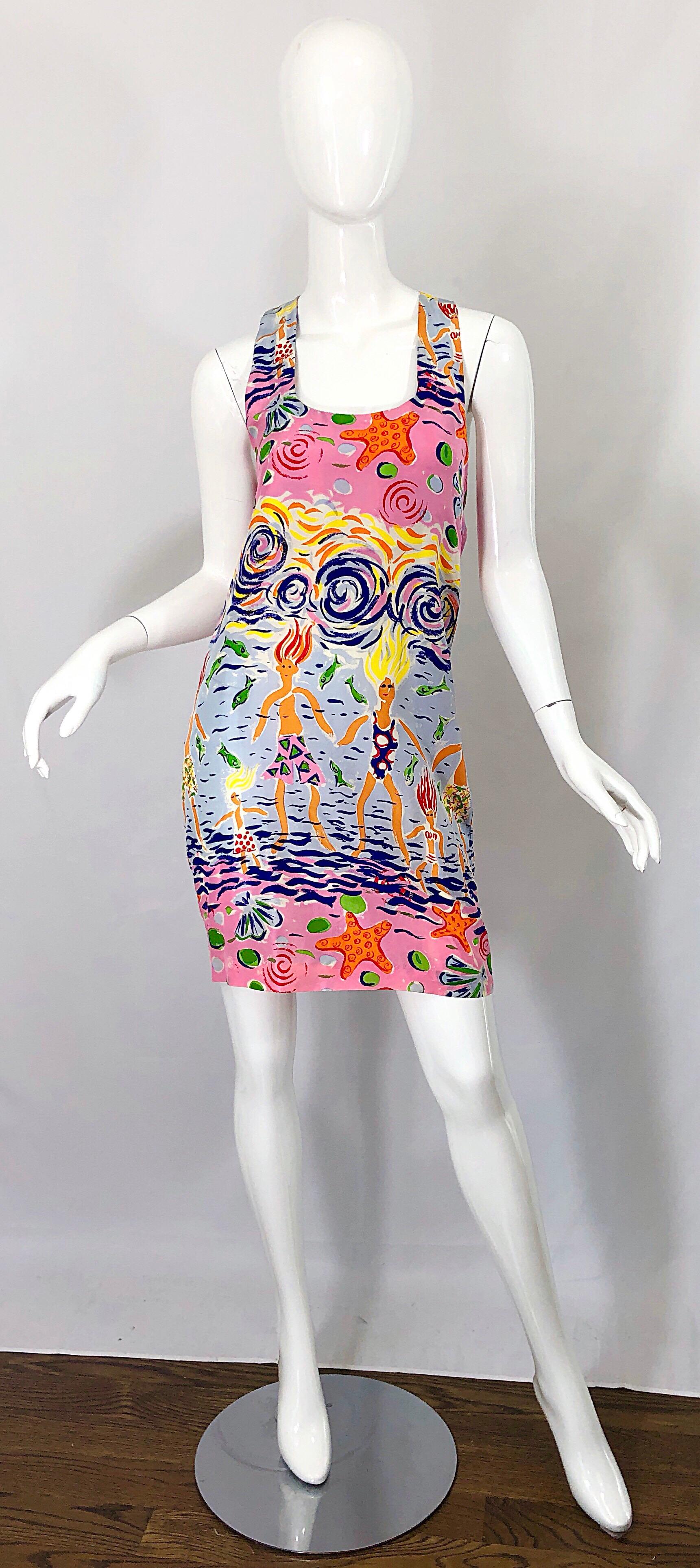 Rare early 1990s PETER MUI / MUI MUI novelty print silk racerback dress! Mui pieces are super hard to find, as the designer was very particular with choosing only a select few famous tattoo artists for prints. 
This beauty features a family with