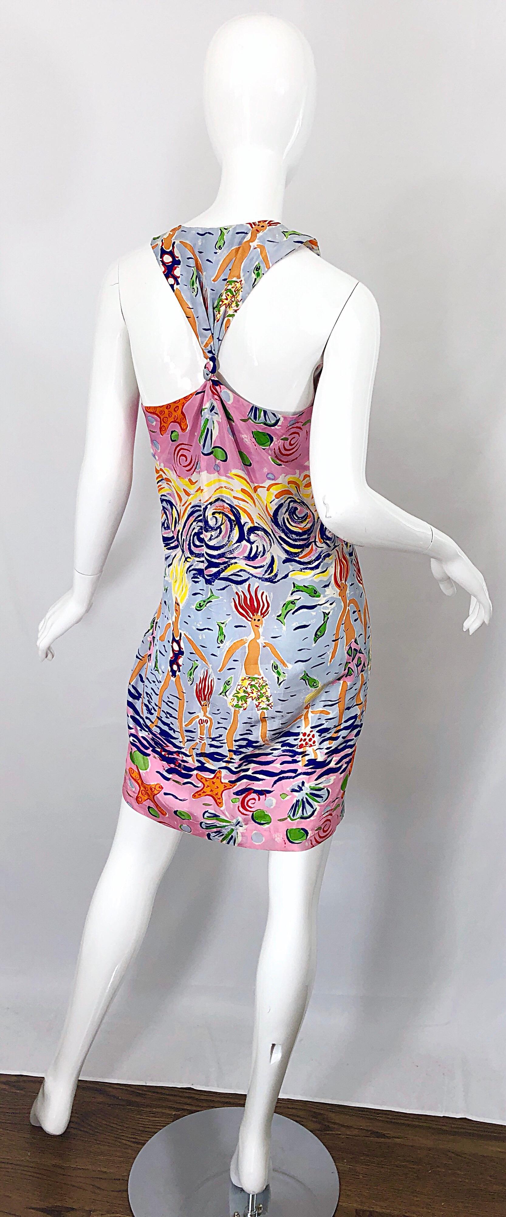 Beige Rare Peter Mui 1990s Novelty Print Silk Racerback Size 6 Vintage 90s Dress