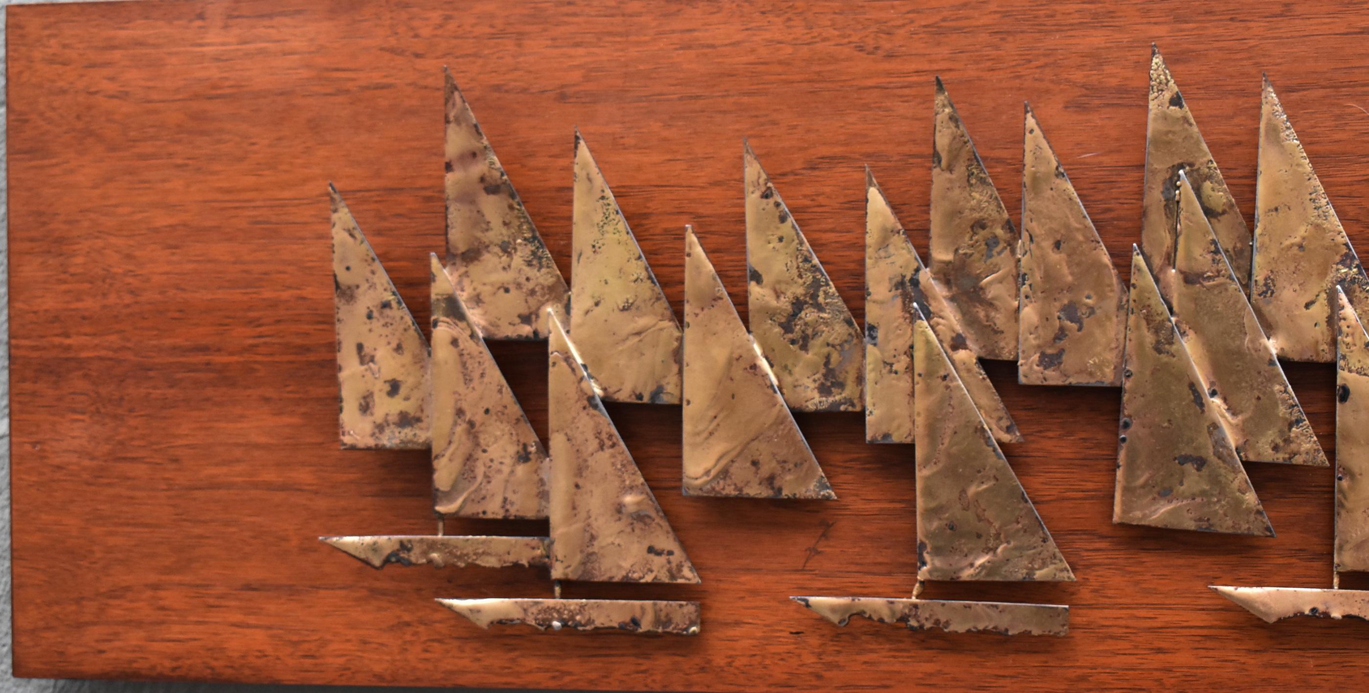 Modern Rare Peter Pepper Brass & Walnut Sailboats Wall Art Sculpture For Sale