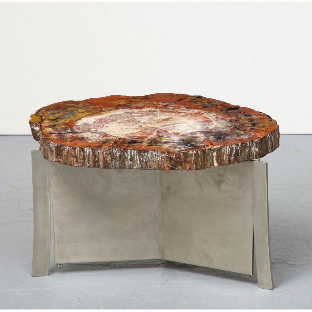 Minimalist Rare Petrified Wood and Steel Side Table by Claude De Muzac, circa 1970 For Sale