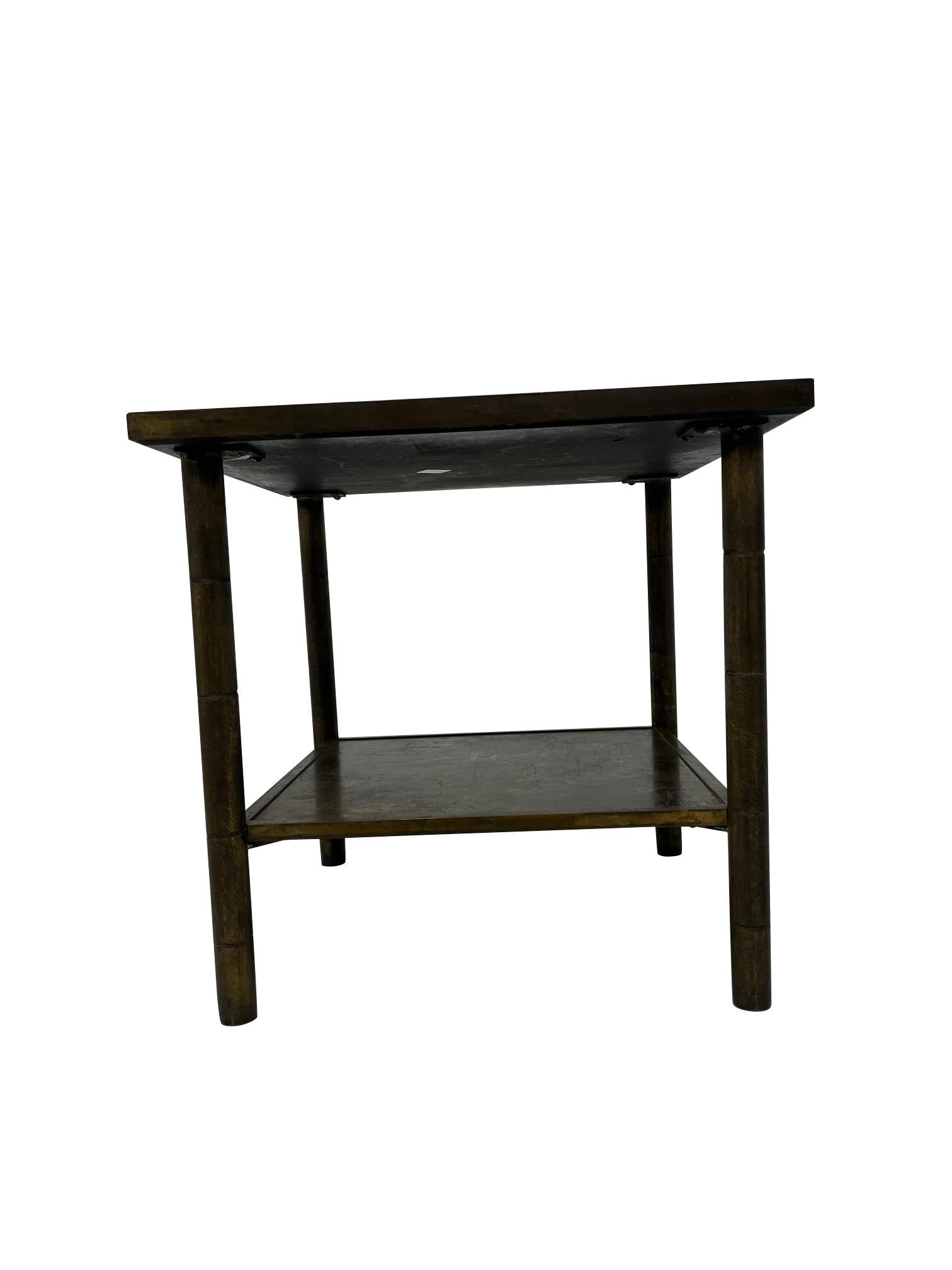 This rare 2-tier side table is composed of patinated bronze with a hand crafted acid etched finish..1960's (signed “Philip Kelvin Laverne” .    This is a wonderful example of the art of Philip & Kelvin Laverne.table would be an elegant addition to