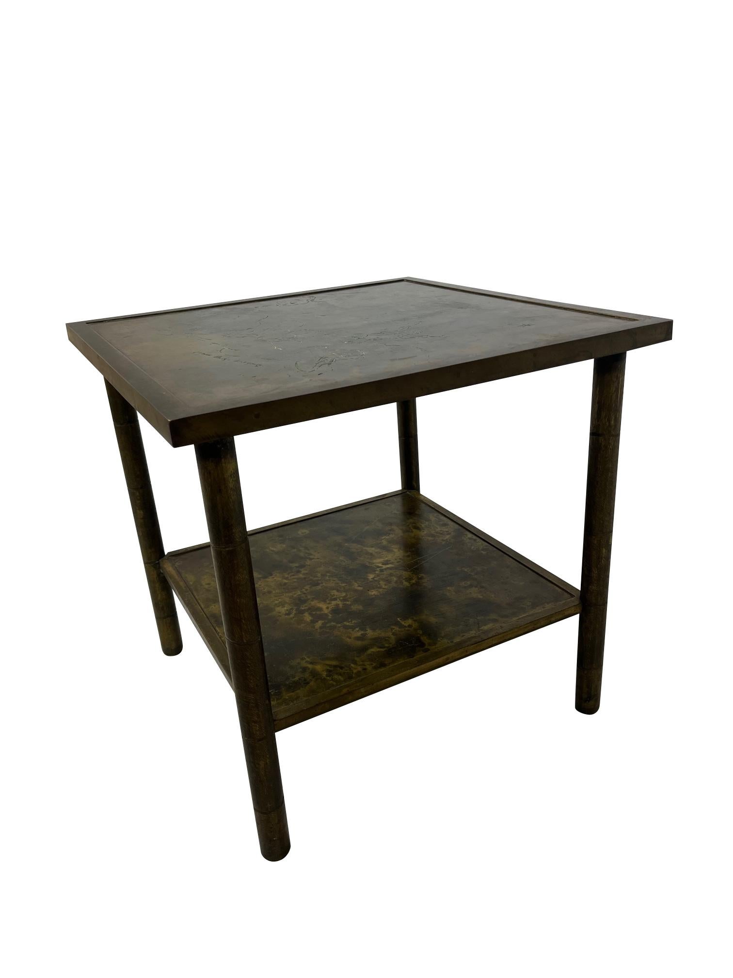 Etched Rare Philip and Kelvin Laverne Brass Side Table For Sale