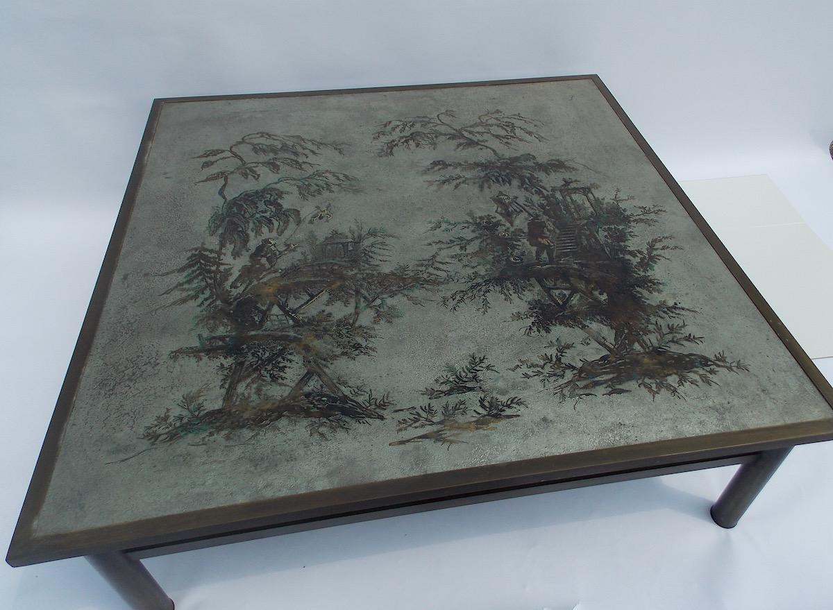 A Large scale table consisting of hand-sculpted bronze and pewter chinoiserie foliage and figures.
Beautiful original surface.
Labeled and signed.