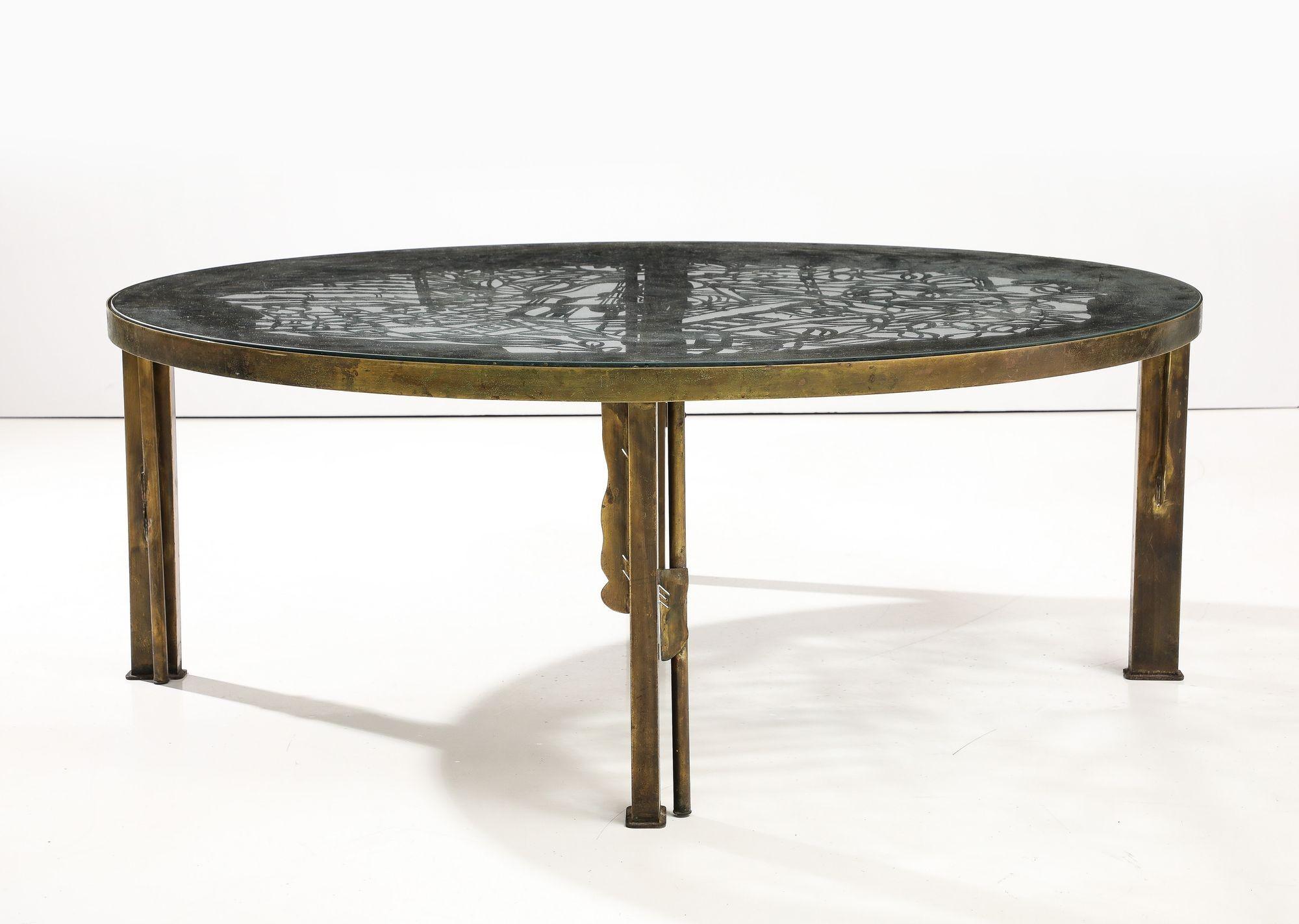 Buriné Rare table basse Philip and Kelvin LaVerne Viola Pierce en vente