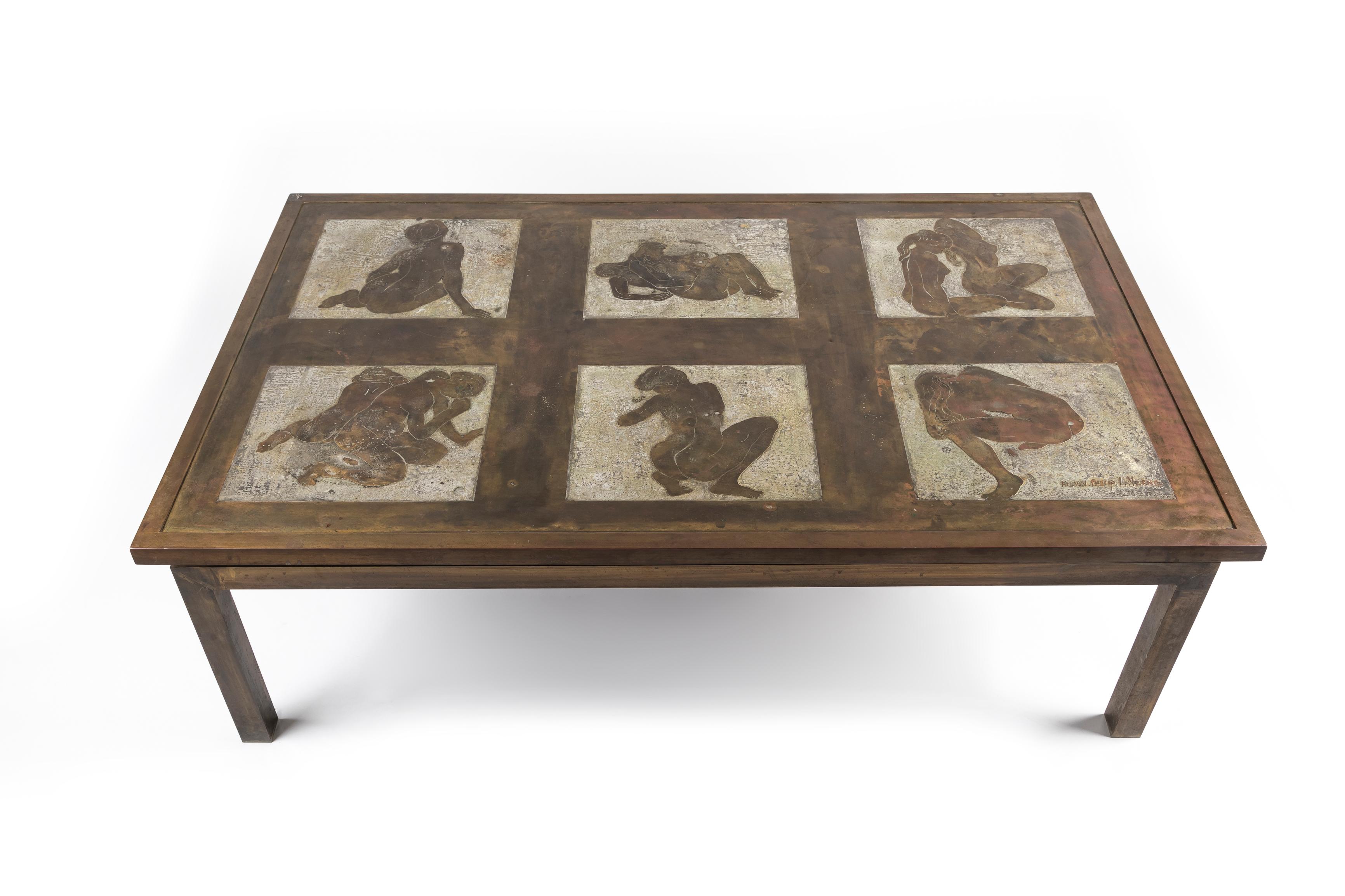 A Rare Philip & Kelvin LaVerne Erotica Coffee table of unusual design. This highly important and rare table depictis six scenes of nude females in patinated bronze and pewter by Philip & Kelvin LaVerne, American 1970's with acid etched signature