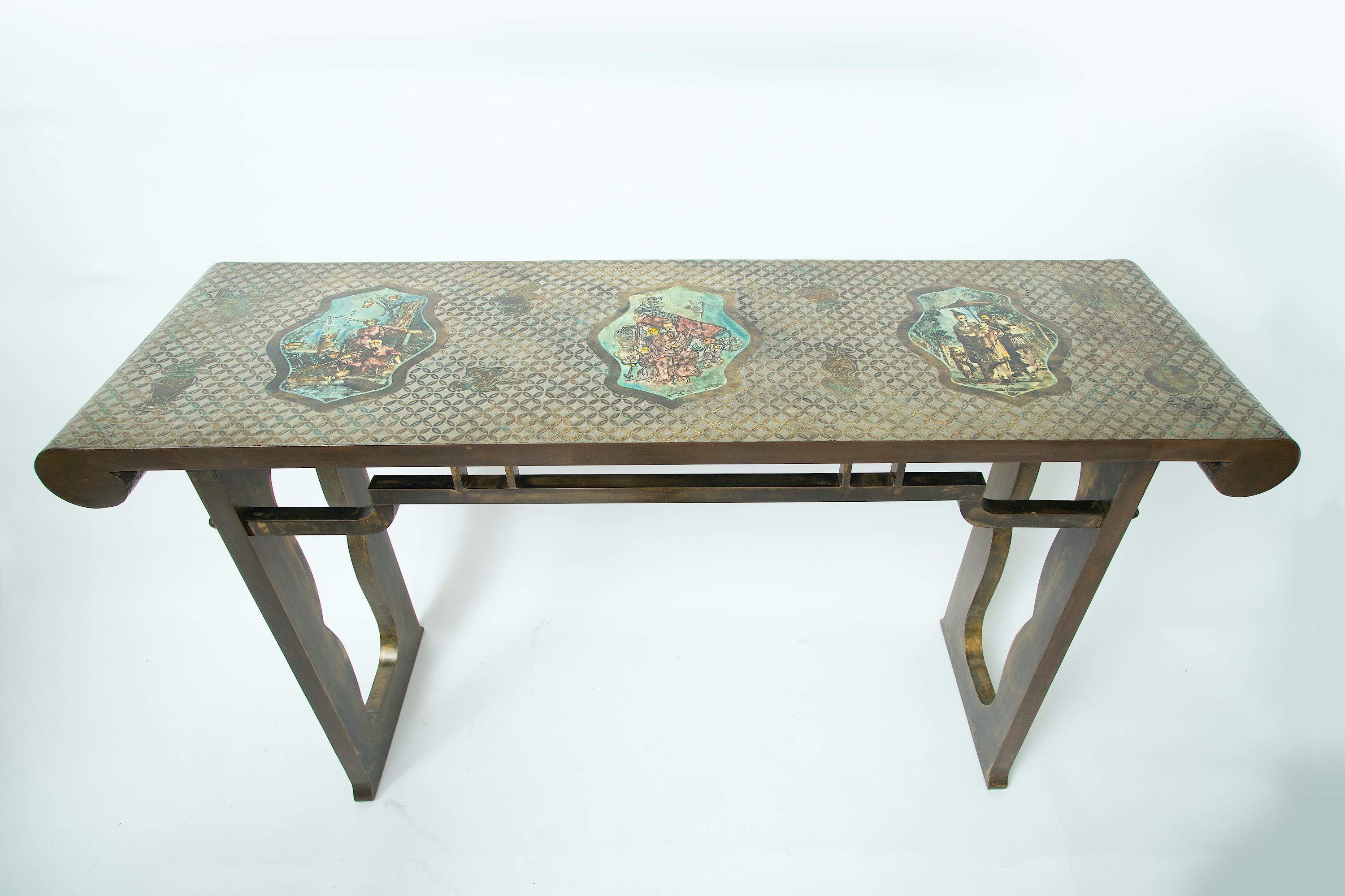 An extremely rare form.
The acid-etched and enameled surface is in beautiful original condition.
Raised signature on the console top, paper label and care instructions attached to underside of the table.
    
