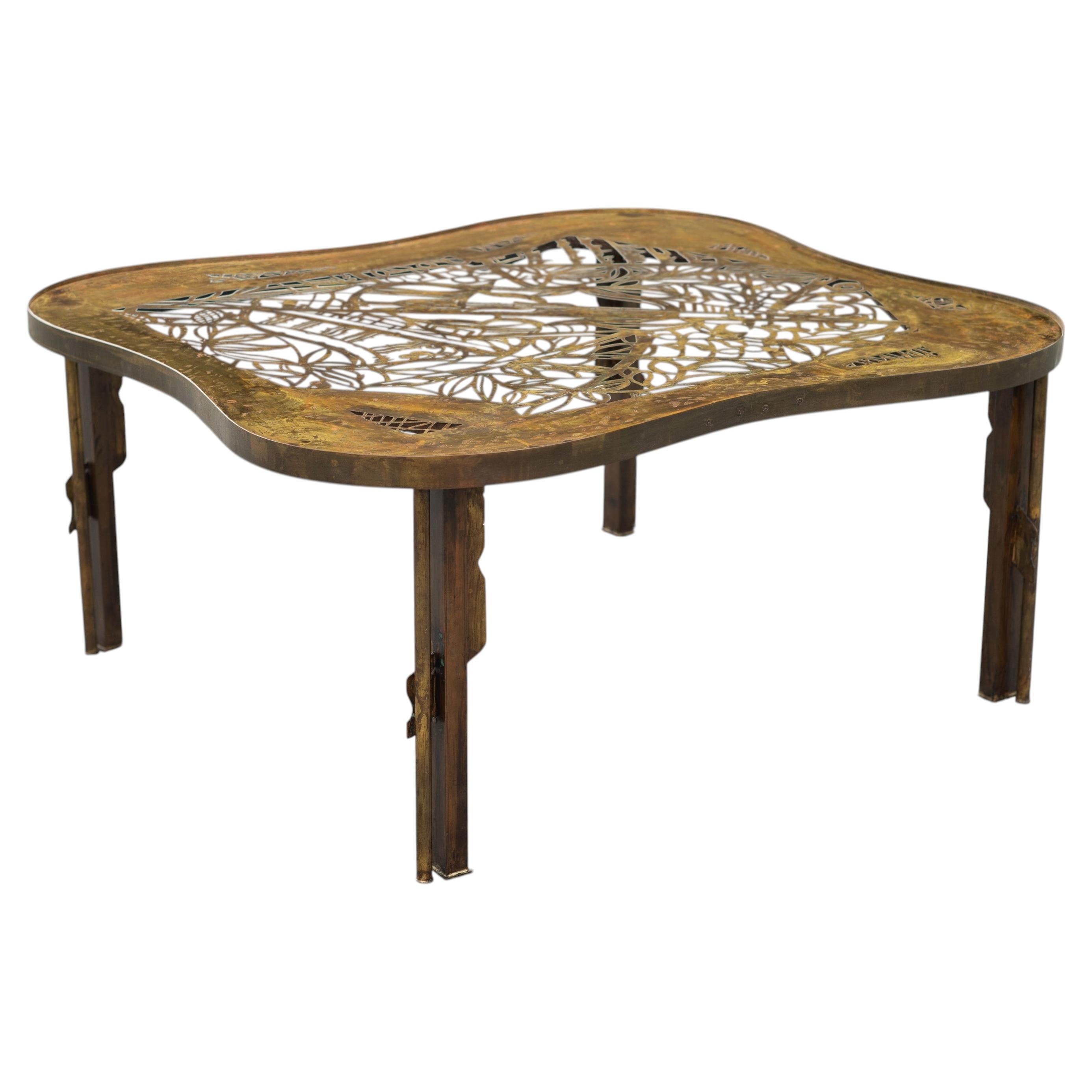 Rare Philip & Kelvin LaVerne Viola Coffee Table, Patinated Bronze & Copper For Sale