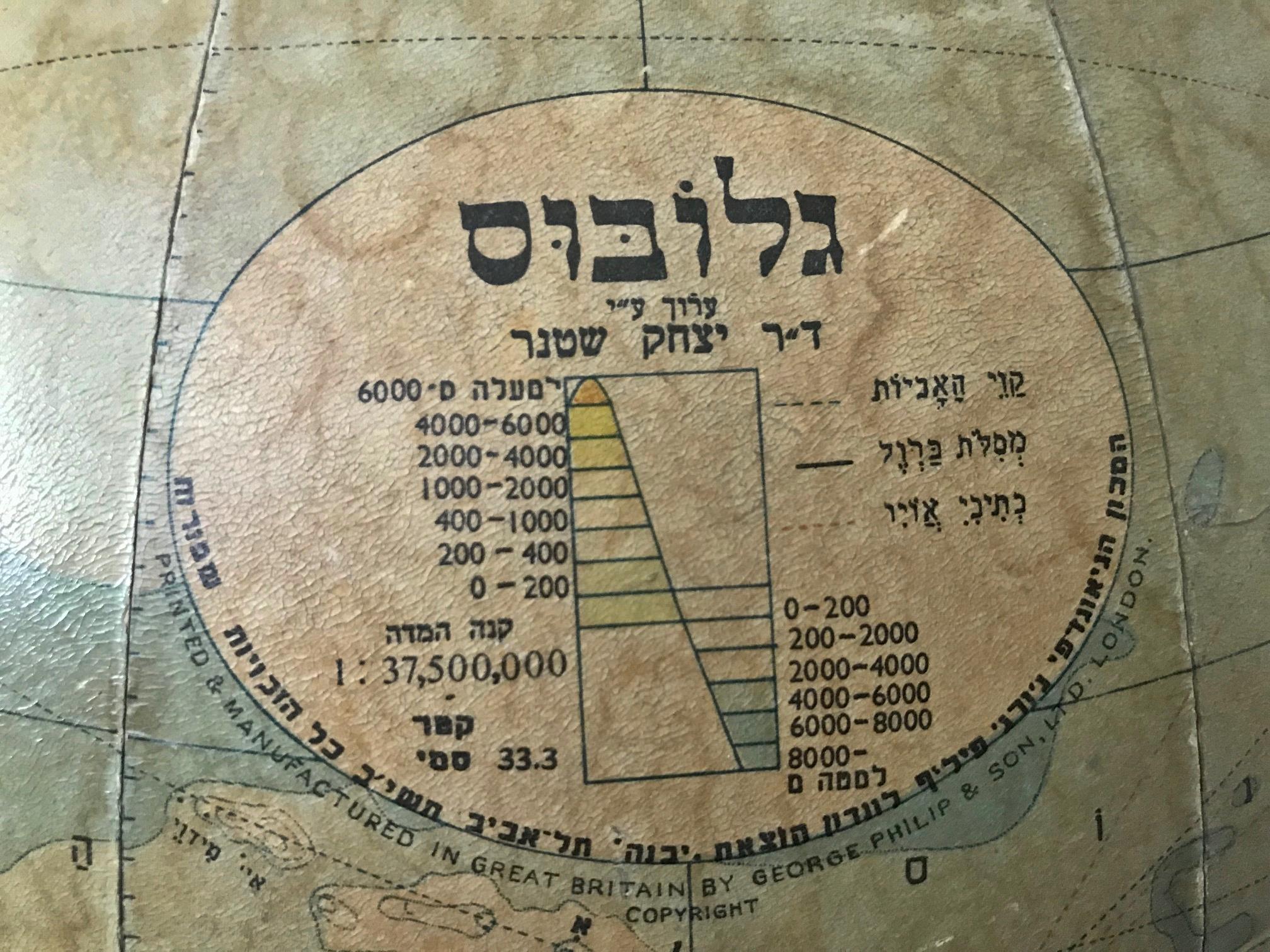 Rare Philip & Son globe in Hebrew, circa mid-1950s.

Globe
edited by Dr. Yitzhak Shatner
1 : 37,500,000
Printed & Manufatured in Great Britain by George Philip & Son, L.T.D. London, Copyright

In the course of our dealer life, we have found
