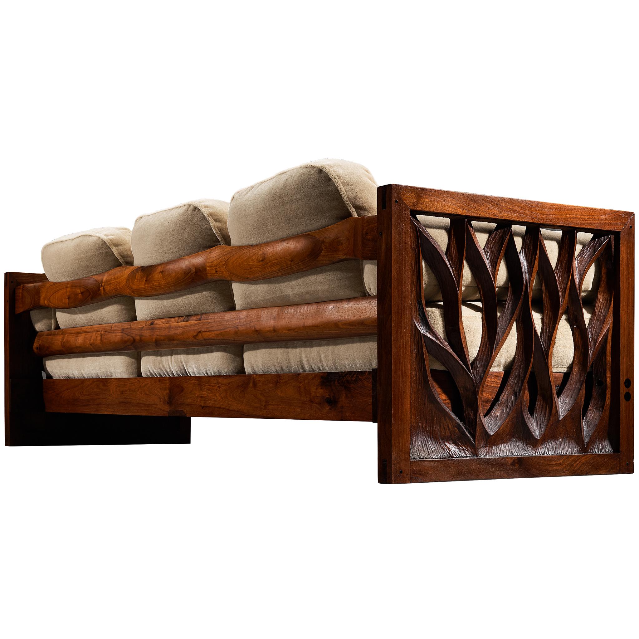 Rare Phillip Lloyd Powell Free-Standing Sofa in Carved Walnut Pierre Frey Mohair