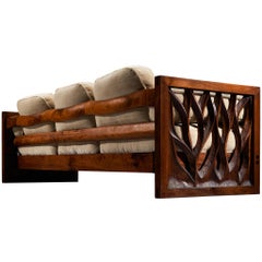 Rare Phillip Lloyd Powell Free-Standing Sofa in Carved Walnut Pierre Frey Mohair