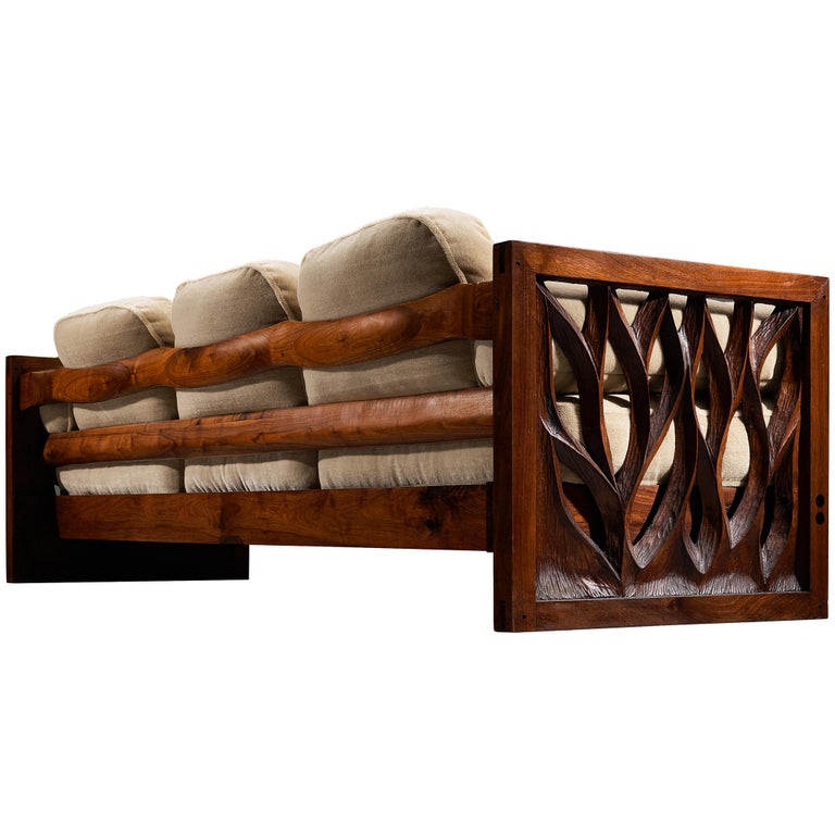 Rare Phillip Lloyd Powell Free-Standing Sofa in Carved Walnut Pierre Frey Mohair