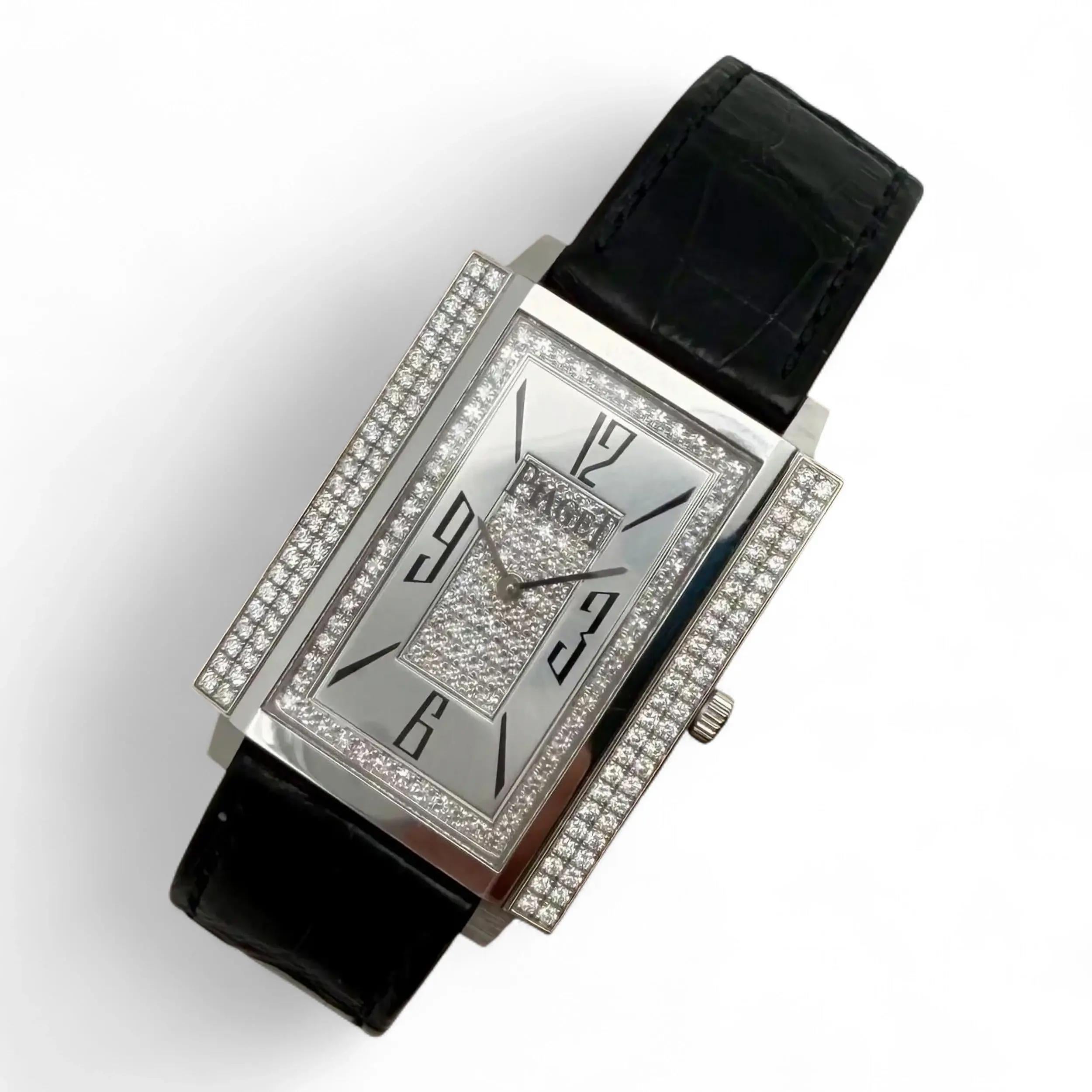 Rare Piaget Black Tie 28mm White Gold Silver Dial Diamond Hand Wind Watch P10098 For Sale