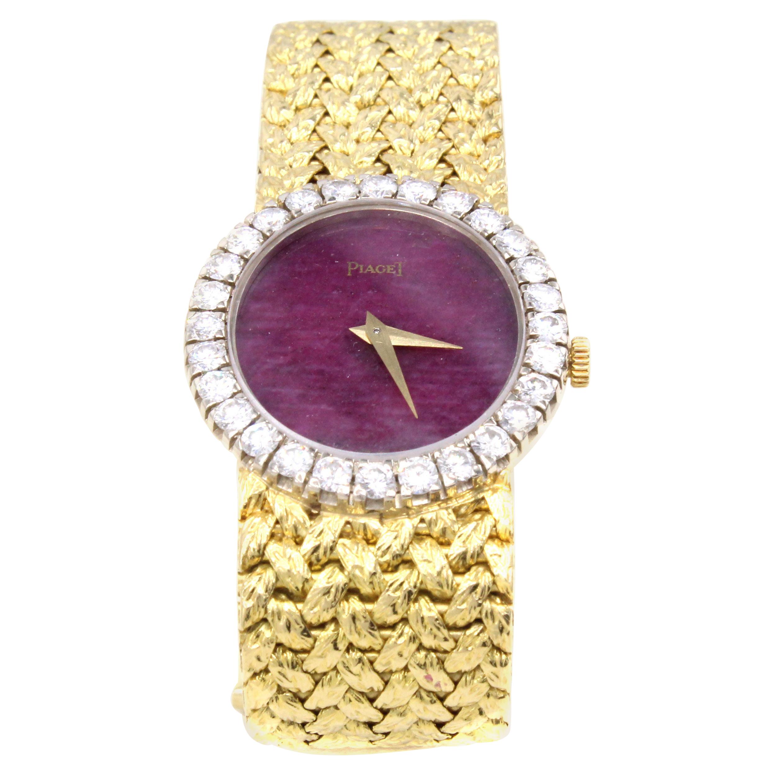 Rare Piaget Ruby Dial Diamond 18 Karat Gold Mechanical Wristwatch For Sale