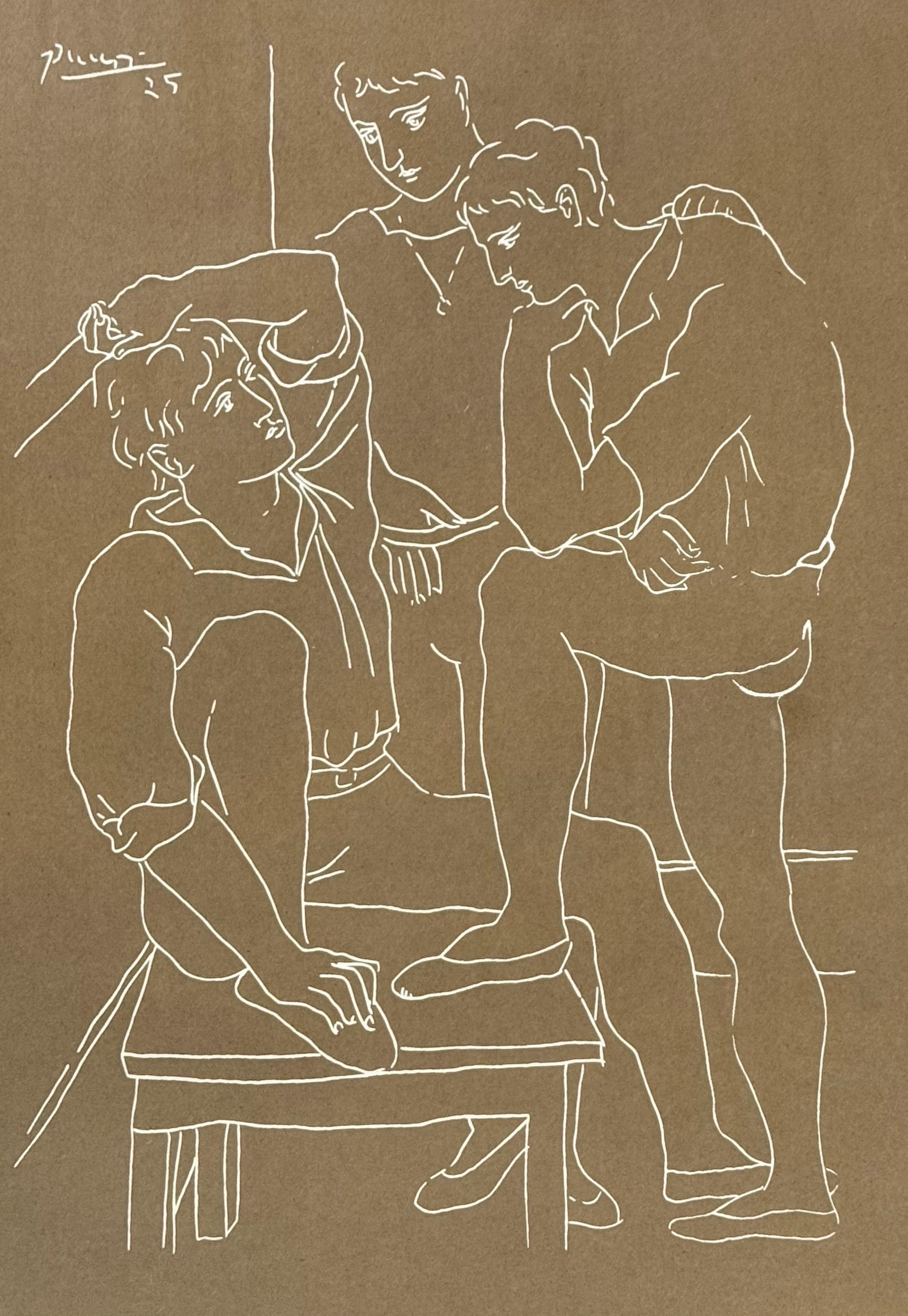 Picasso lithograph features a minimalist white line drawing of three figures set against the warm brown background and beautifully framed.  Signature and date in the plate - upper left.