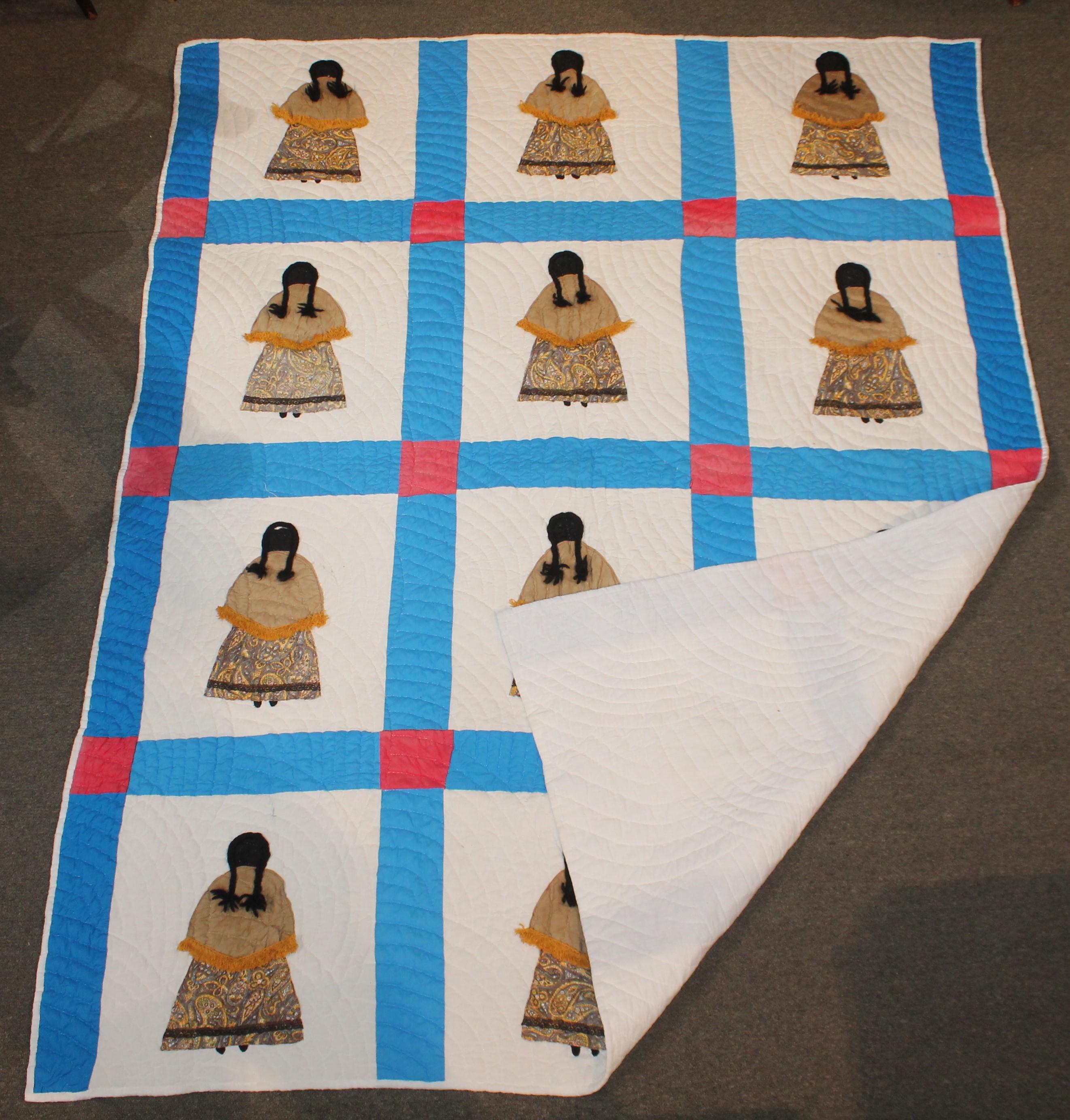 Hand-Crafted Rare Pictorial Indian Girl Applique Quilt from Oklahoma